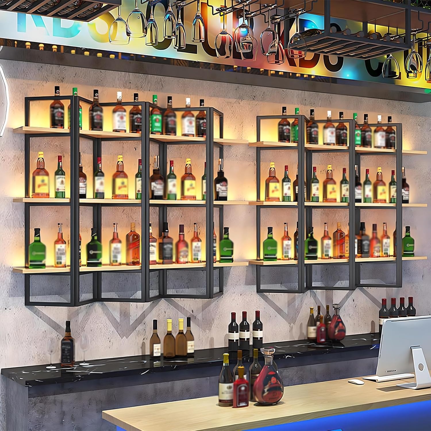 39.3inch 2 Folding Wine Rack, Retractable Foldable Wall-Mounted Wine Rack, DIY Splicing Iron Wine Rac (Black, 2 Folded)