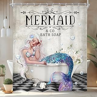 Mermaid Shower Curtain 60Wx72H Inch Nautica Watercolor Ocean Cartoon Pretty Girls Shower Curtain Bathroom Set Bathtub Flower Plant Waterproof Bath Decoration Accessories Home Decor
