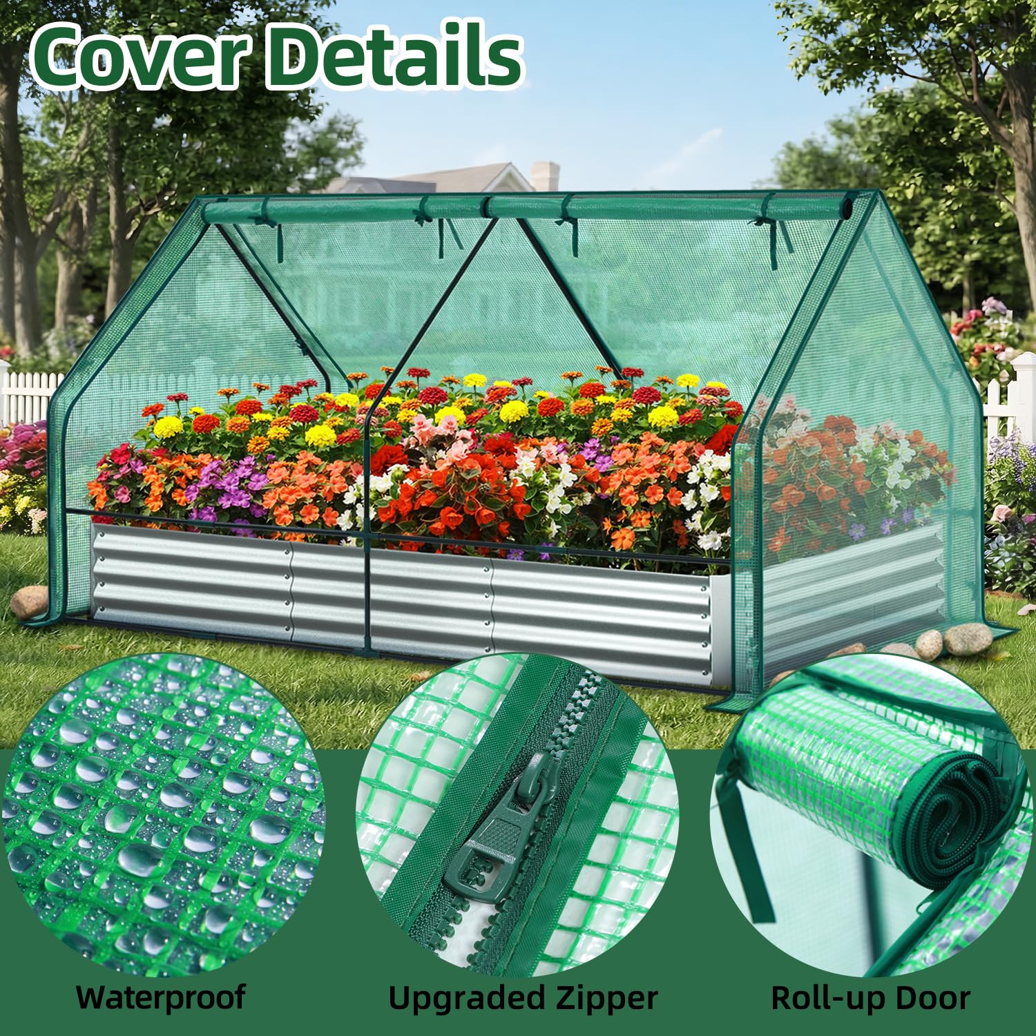 Ohuhu Cama de jardín elevada con invernadero, maceta metálica galvanizada 8x4x1 pies con cubierta de polietileno, 4 puertas para ventilación, para cultivo de verduras y flores