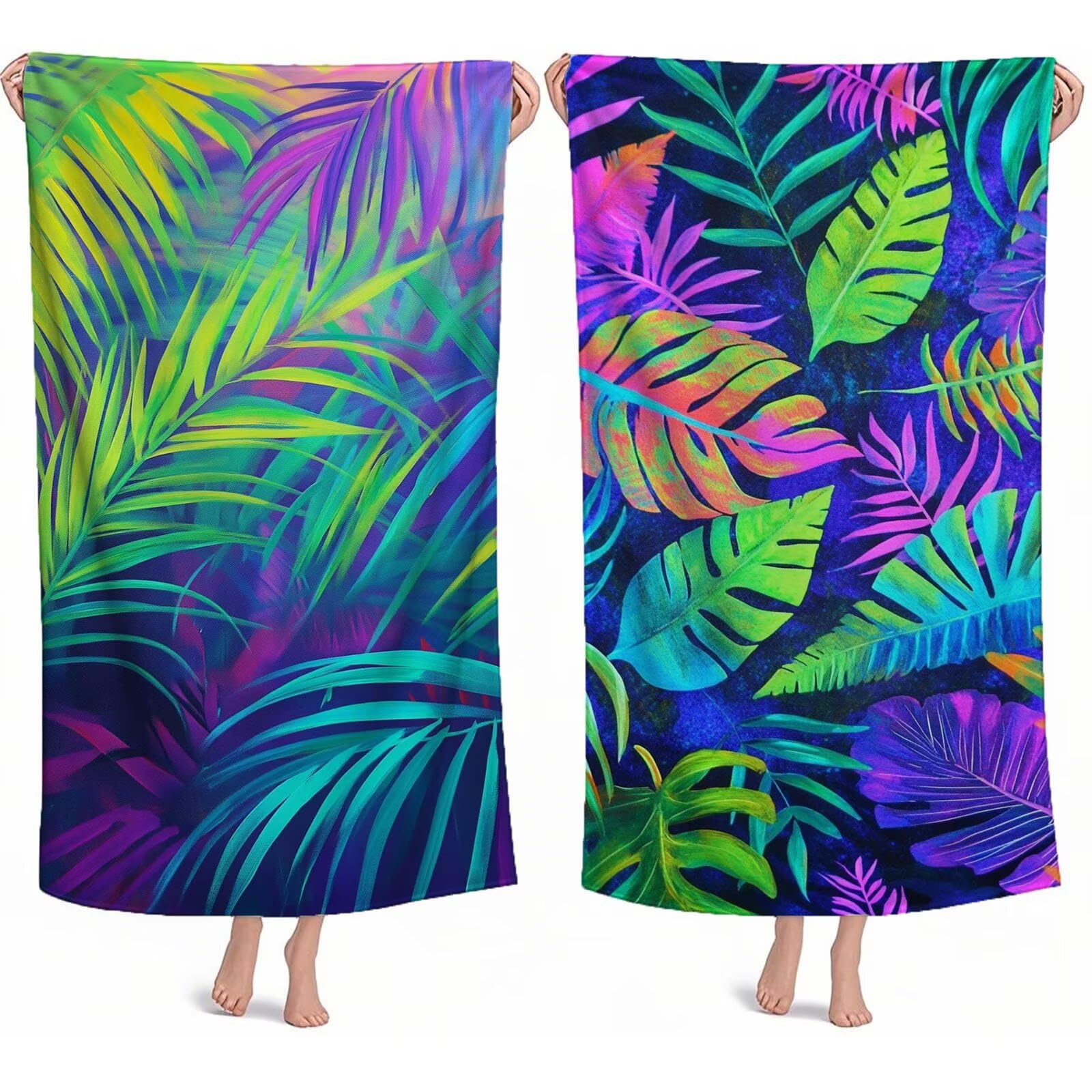 Ręczniki plażowe dla dorosłych, tropikalny ręcznik plażowy z mikrofibry, 100 x 200 cm, 2 szt., szybkoschnące, bez piasku, lekkie ręczniki kąpielowe z torbą do przechowywania, do uprawiania