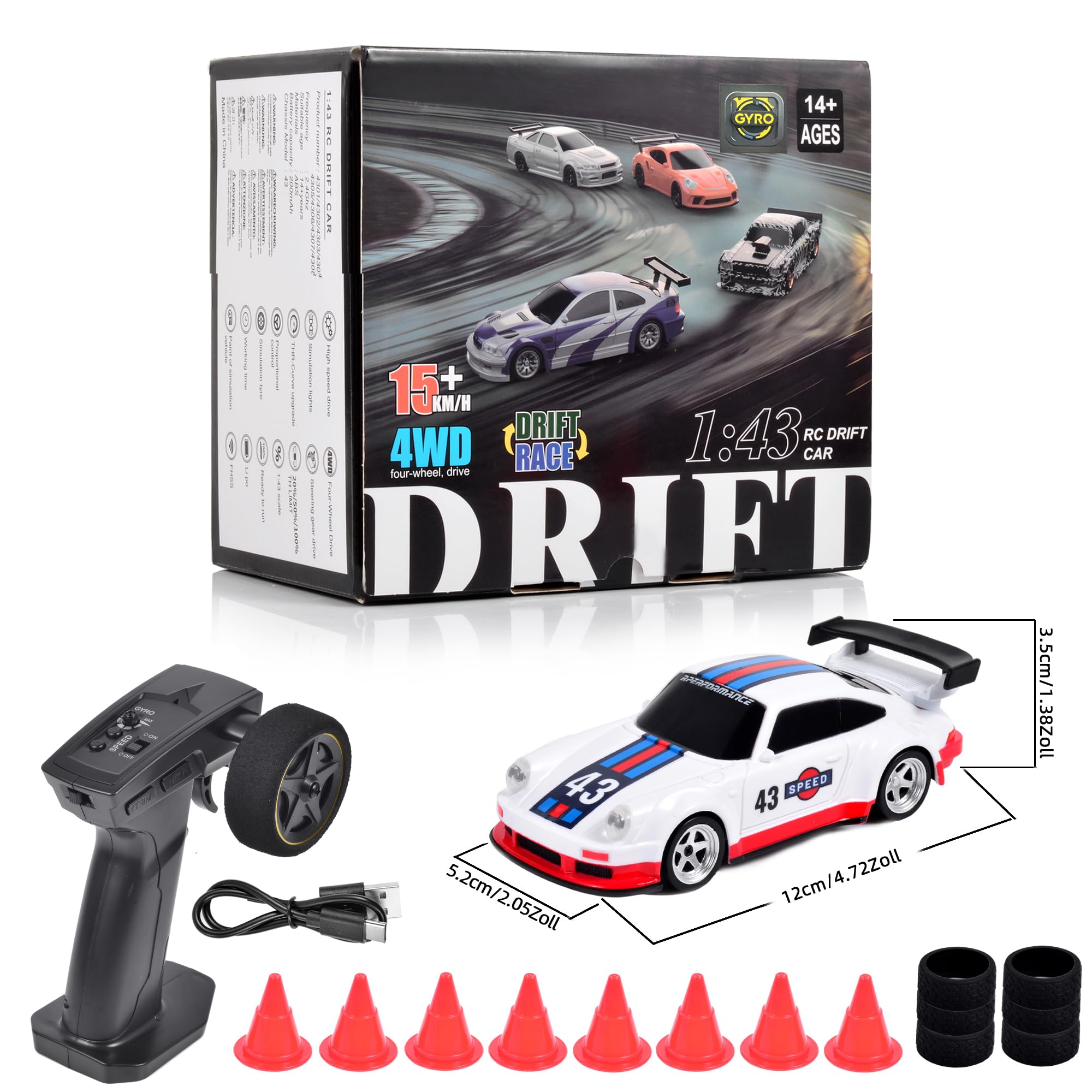 Mini RC Drift Car con Gyro 1/43 Escala 2,4 GHz 15 km/H Alta Velocidad Deporte Coche de Carreras 4WD Mesa Control Remoto Coche para Niños Niñas y Adultos Regalo