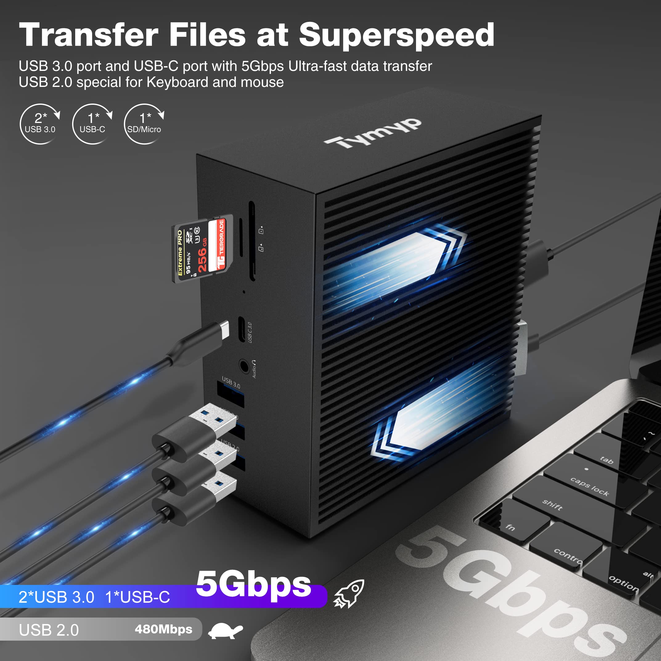Dock Thunderbolt 3, Tymyp Docking Station USB C 16 in 2-2 * 4K HDMI, VGA per Doppio Monitor, Cavo USB C Port Doppio, PD 100W per MacBook, e 5* USB A, USB C 3.0, SD/TF, 3.5MM Jack, RJ45 Porta