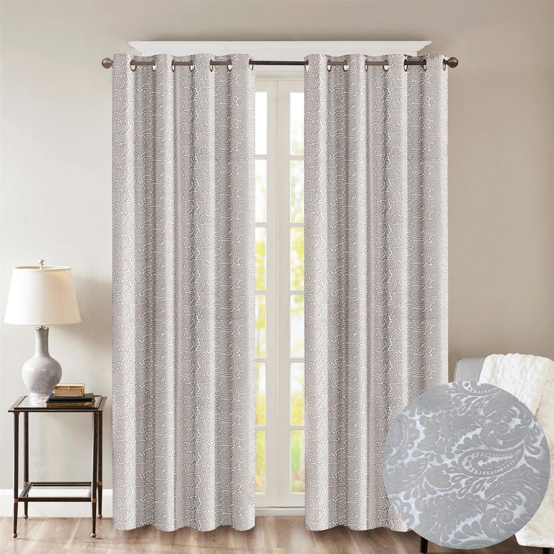 Roseley Silver Grey Embossed Eyelet Curtains Leafy Paisley Patterns Elegant Blackout Living Room Bedroom Dimout Window Treatment [, 66" X 54"]