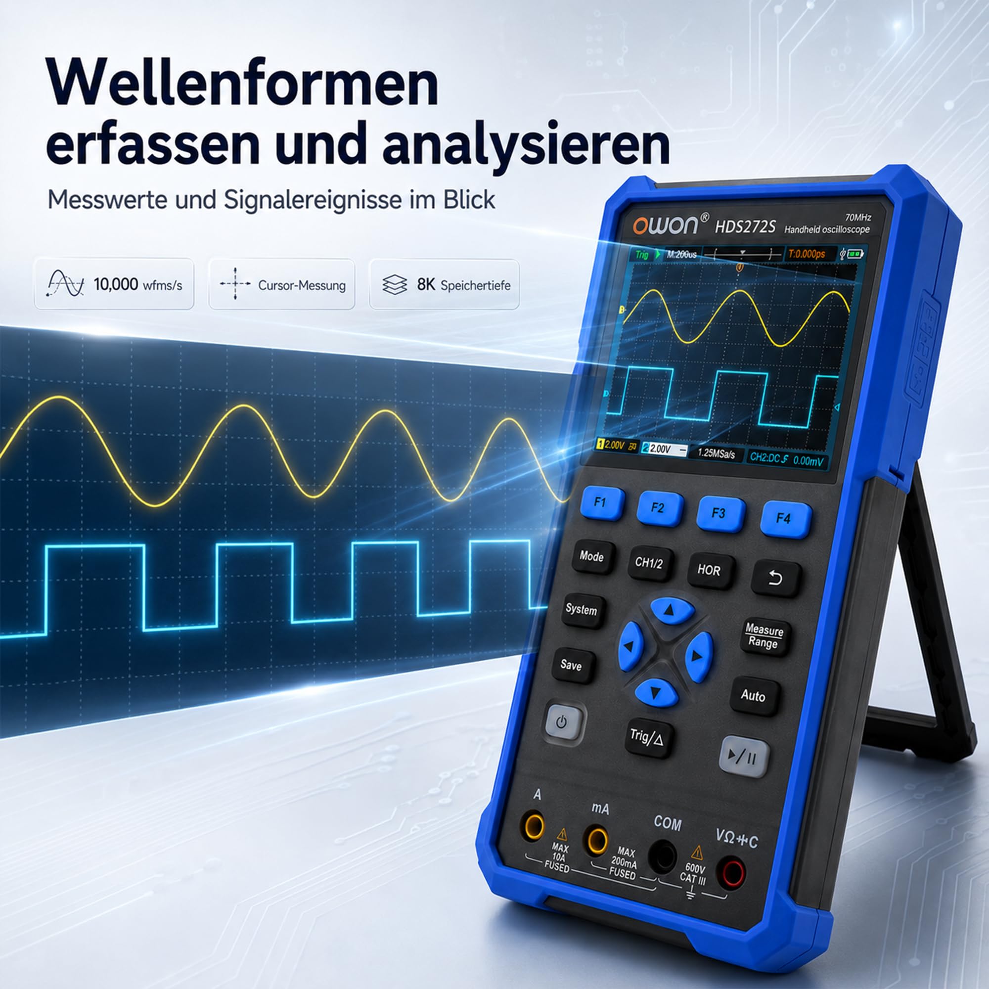 HDS272S 3 in 1 OWON Oszilloskop 70MHz mit 2+1 CH mit 3,5 Zoll LCD mit einstellbarer Helligkeit (Oszilloskop + Multimeter+ Generator)