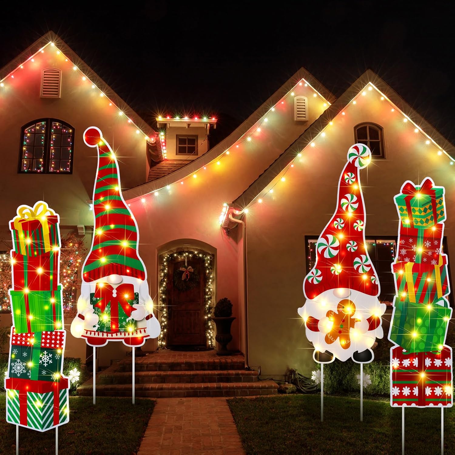 Bencailor 4Pcs Christmas Outdoor Yard Decorations Christmas Yard Signs with Stakes Xmas Gnome Nutcracker Decoration with LED Light for Outdoor Lawn Garden Decoration Party Favor Supplies(Gnome)