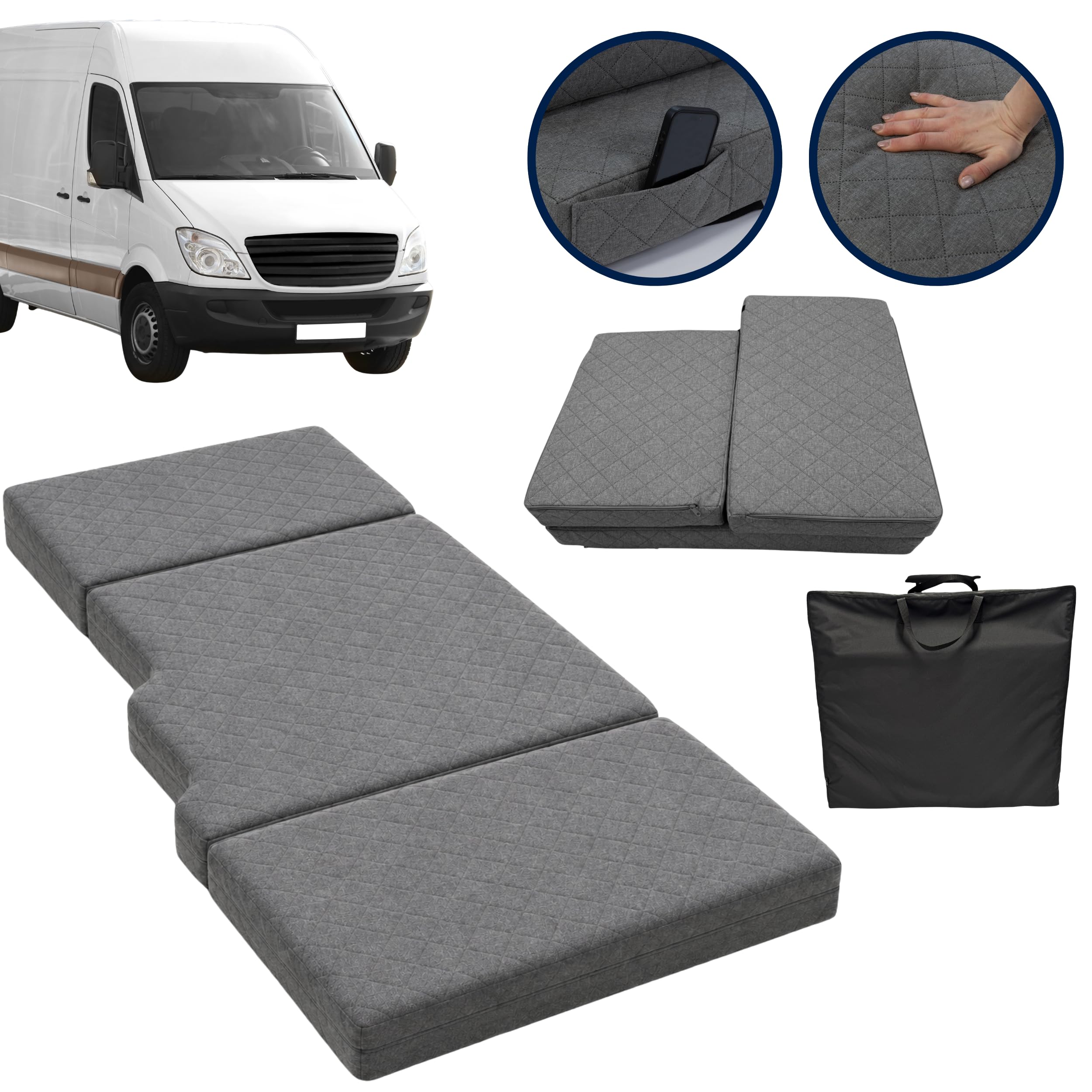 FORTISLINE Fahrerhaus-Matratze VISCO 3-teilig für Crafter, Sprinter, Ducato, Master u. a. - 8 cm Klappmatratze Busbett Campingmatratze mit Memory Foam, handgefertigt in der EU