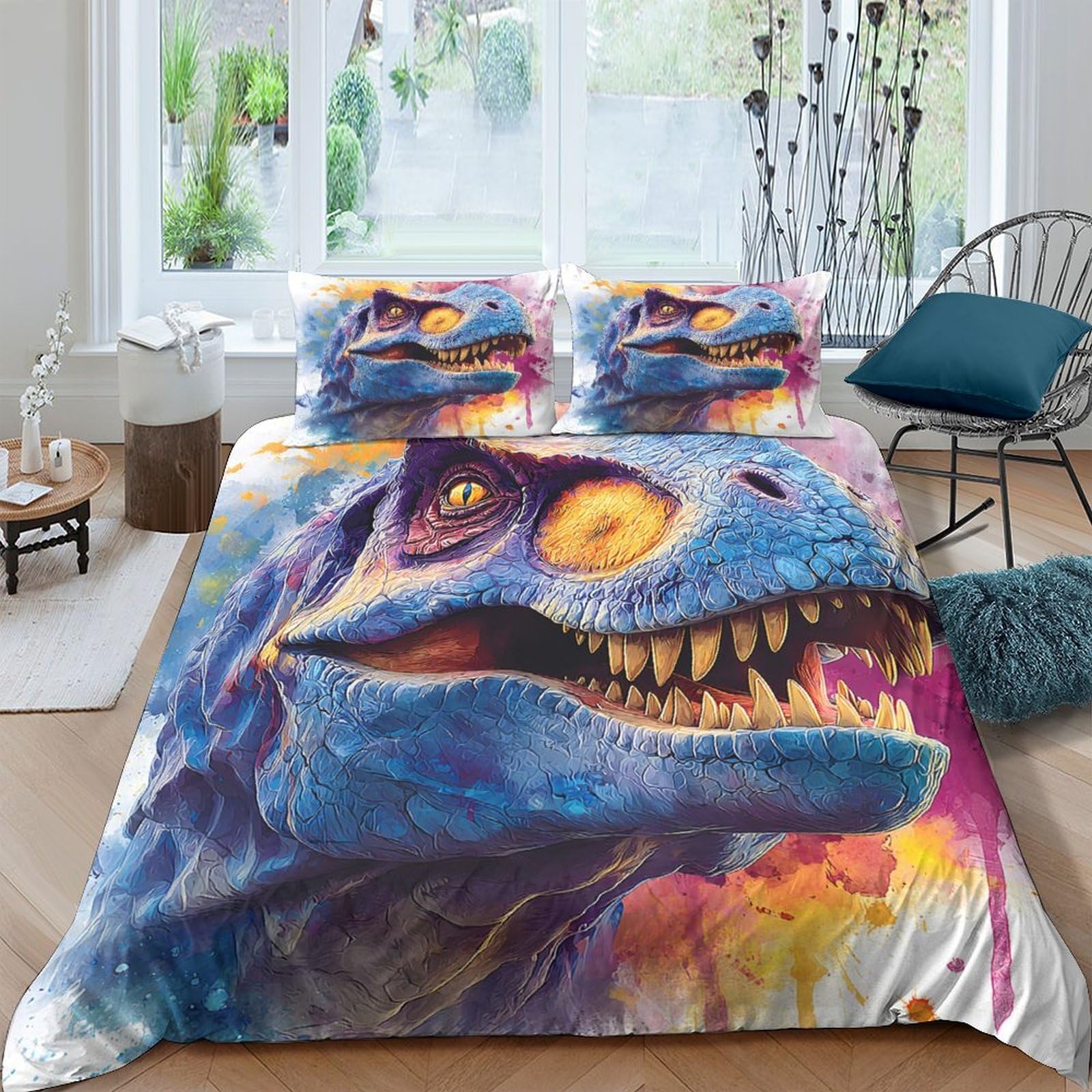 GPLZQXKJNH 3D Printed Blue Dinosaur Duvet Cover Microfiber Breathable Fiery Fantasy Quilt Cover Set with 2 Pillowcases for Bedroom Decor Single（135x200cm）