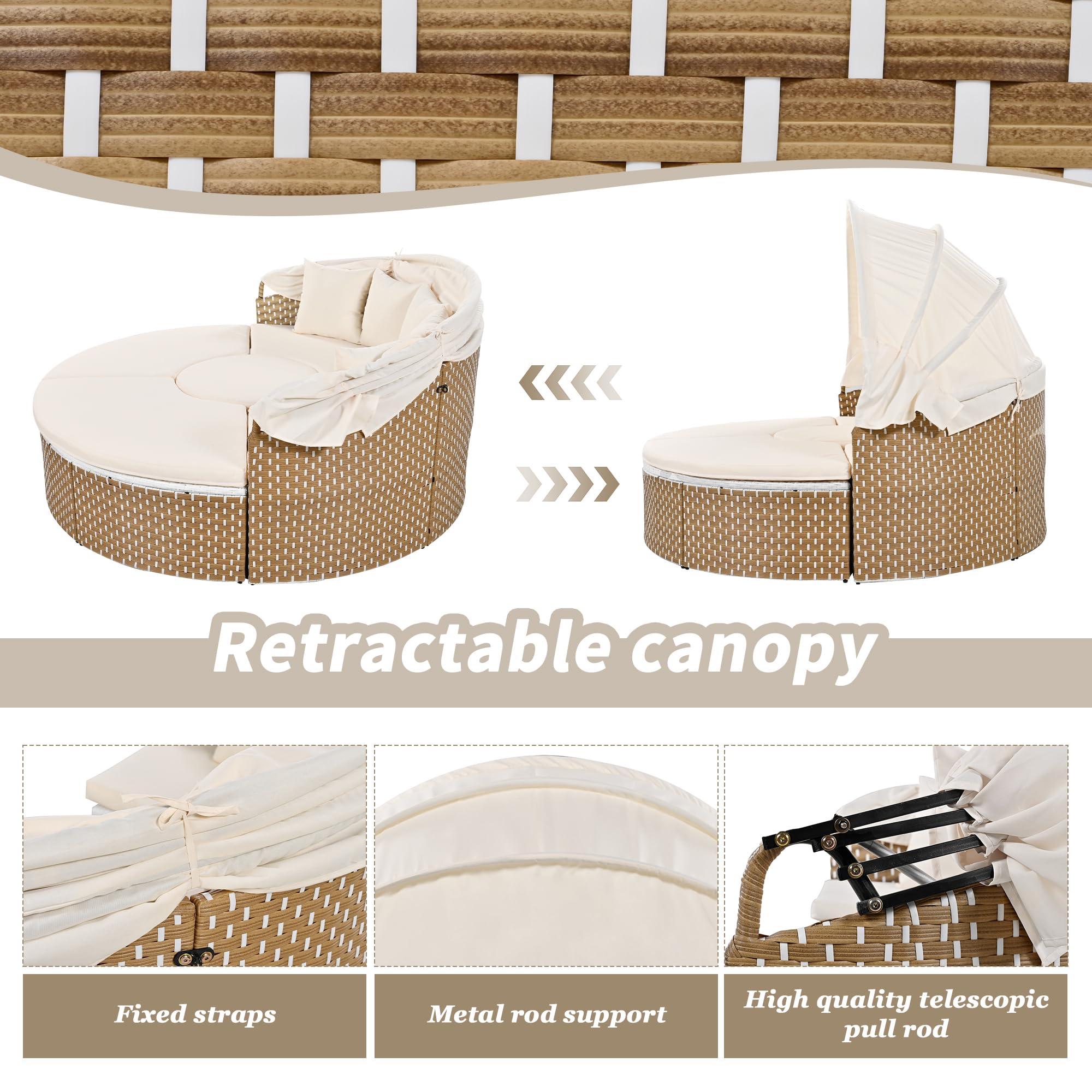 Set di poltrone da giardino, isola, tavolo da giardino e sedie in rattan, letto a conchiglia, baldacchino allungabile, piano sollevabile (beige)