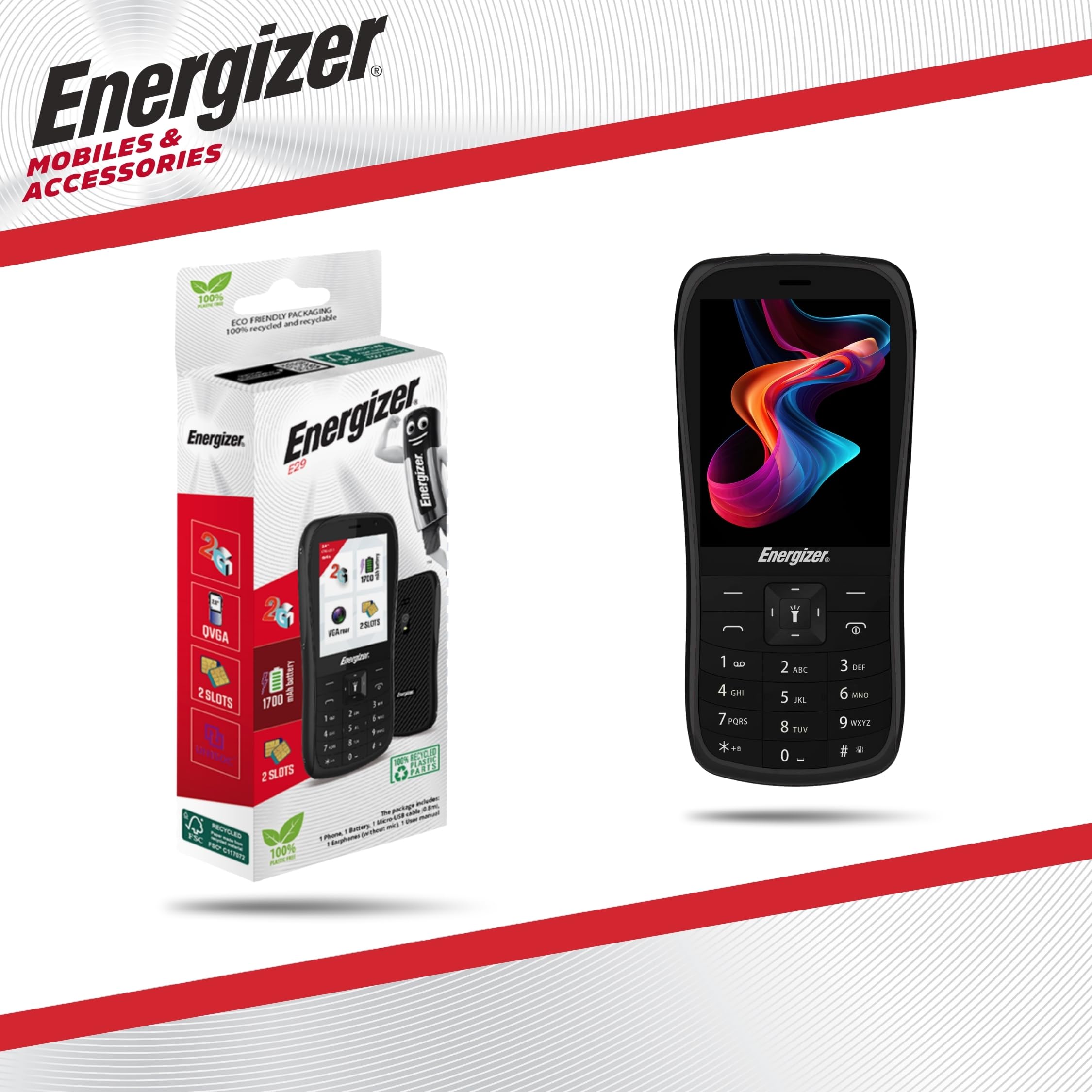 Energizer – Teléfono móvil con Teclado físico E29-2G – gsm – Dual SIM (Mini SIM) – Negro – Desbloqueado – Teléfono Senior Resistente Barato