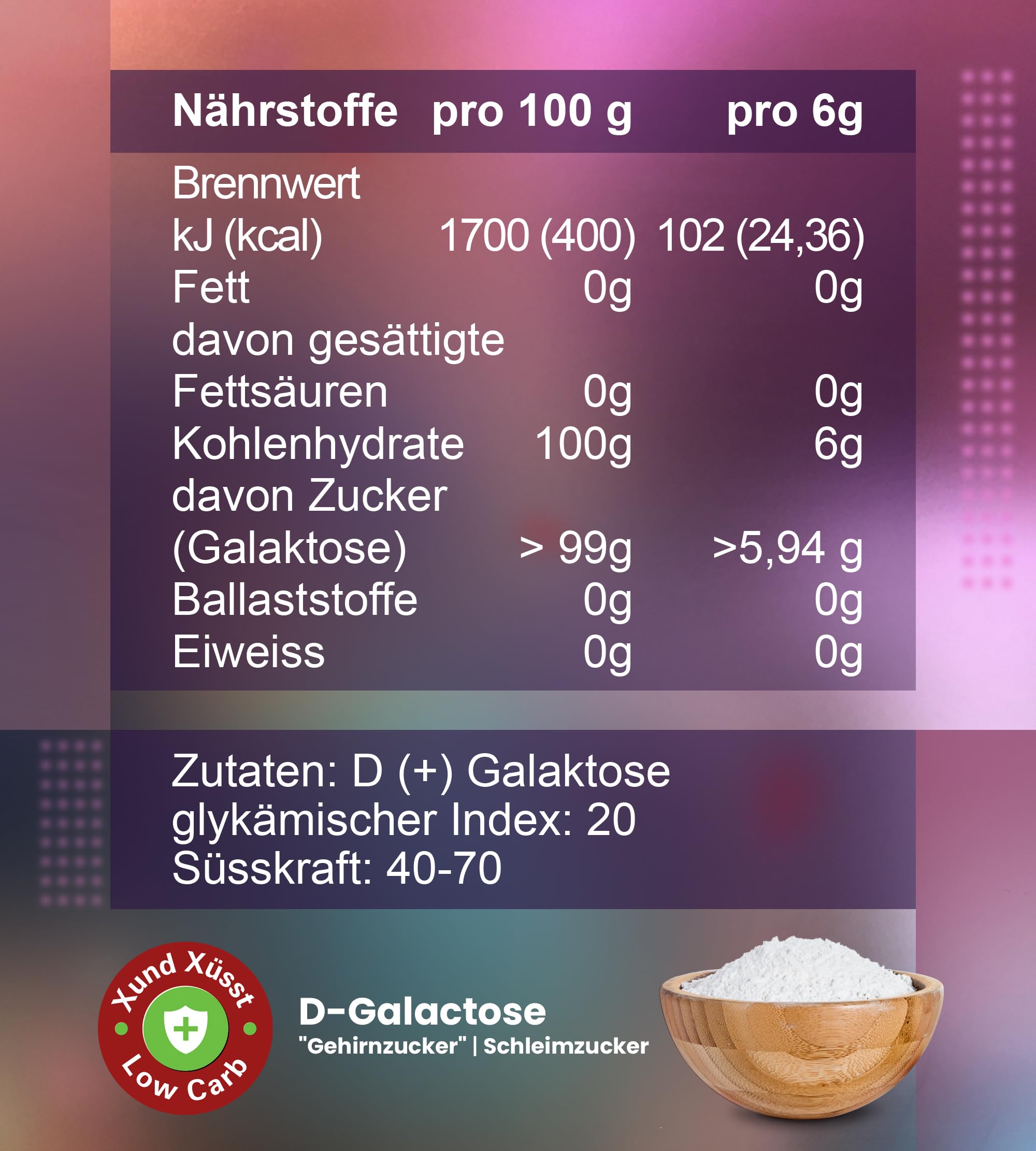 D(+) Galactose 1000 g Pulver - hochrein 99,8% - Schweizer Markenqualität - aus Akazie fermentiert & lactosefrei - Schleimzucker - sehr gut löslich