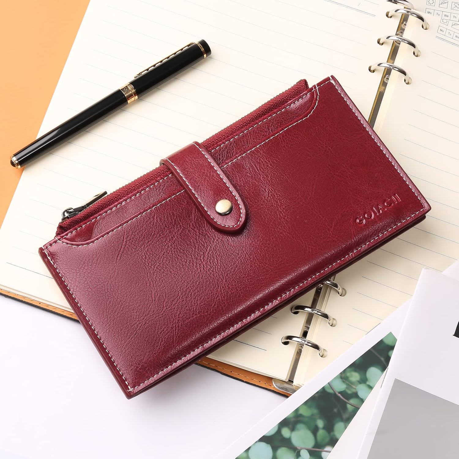 GOIACII Womens Walllet RFID Blocking Genuine Leather Bifold Credit Card Holder with 2 Zipper Pockets Wine Red