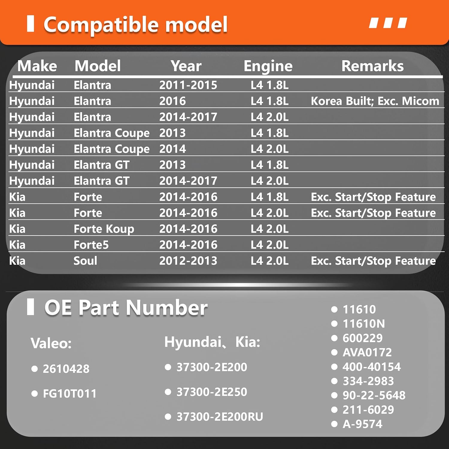Alternator Compatible with Hyundai- Elantra, Elantra Coupe, Elantra GT& for Kia- Soul,Forte,Forte Koup,Forte5, L4 1.8L, REPLACE#37300-2E200,37300-2E200RU,373002E200,2610428,FG10T011,11610N
