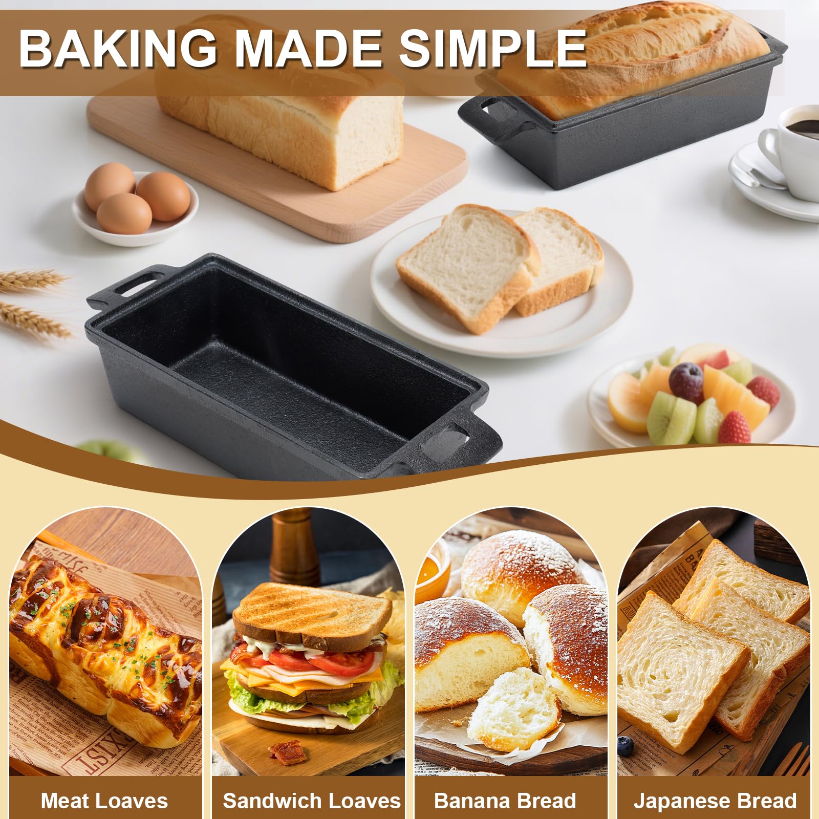 BAKEWAY Kastenform aus Gusseisen mit Deckel, Kastenformen zum Backen von Brot 9x5 | Langlebige, leicht zu reinigende Brotbackform für hausgemachtes Brot, Pizza & gleichmäßige Wärmeverteilung - 2