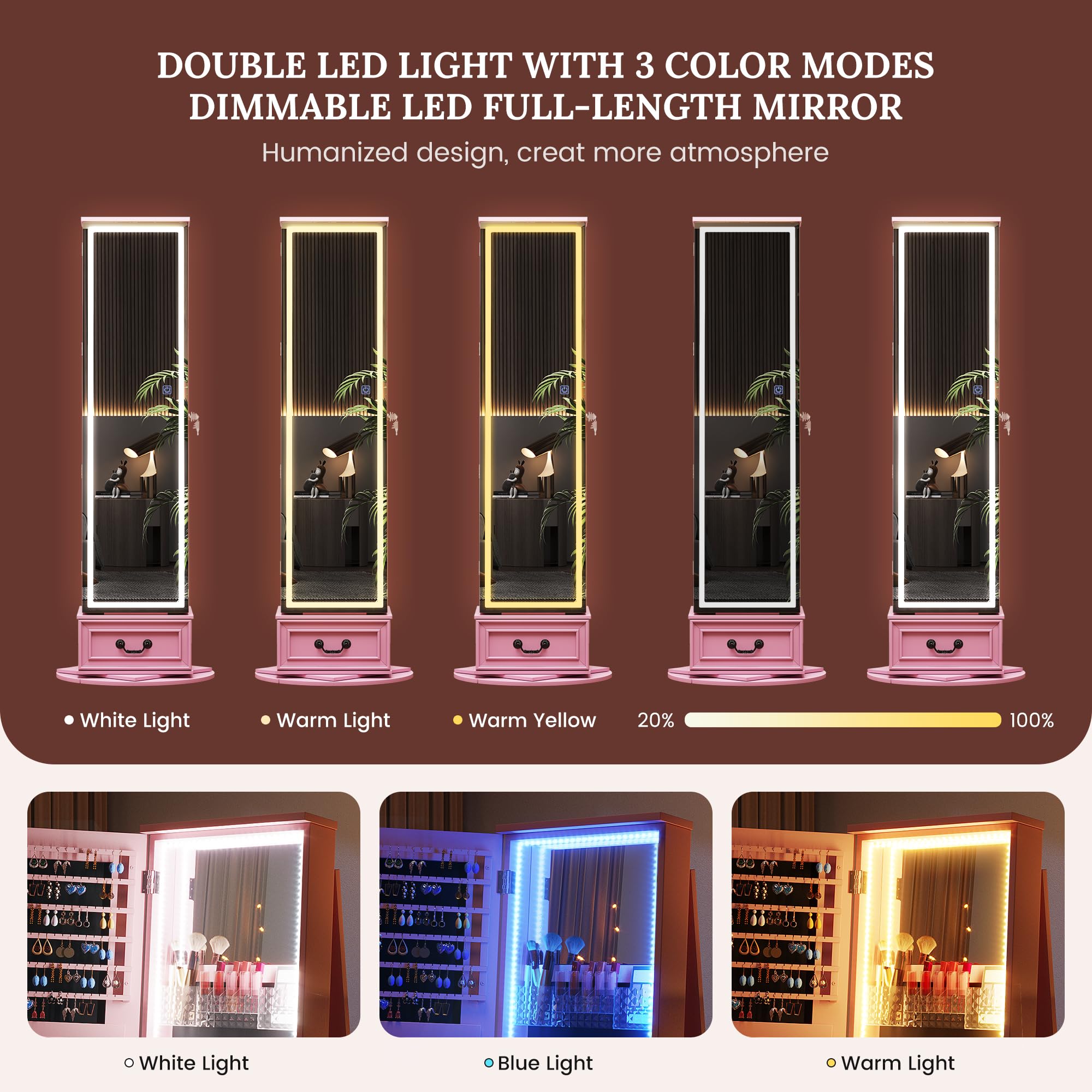 LVSOMT LED Mirror Jewelry Cabinet Standing, 360°Swivel Jewelry Armoire with Full Length Mirror, Mirror with Jewelry Storage and Large Wooden Drawer for Christmas Gifts ()