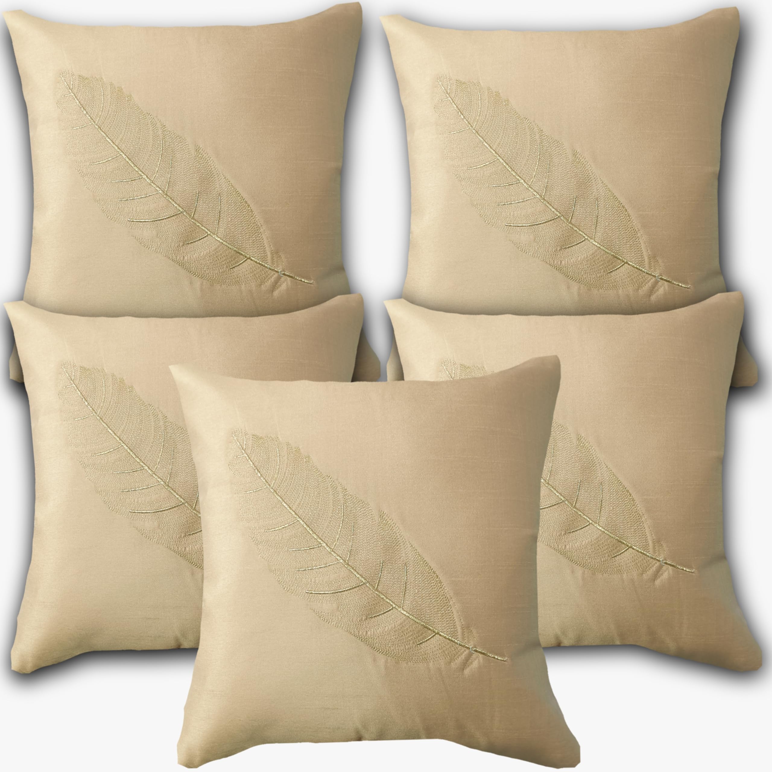 LOFEY Leaf Embroidery Silk Cushion Covers Set of 5 16x16 Inches (40x40cm) Square Pillow Cases for Sofas, Beds, and Chairs (Beige)