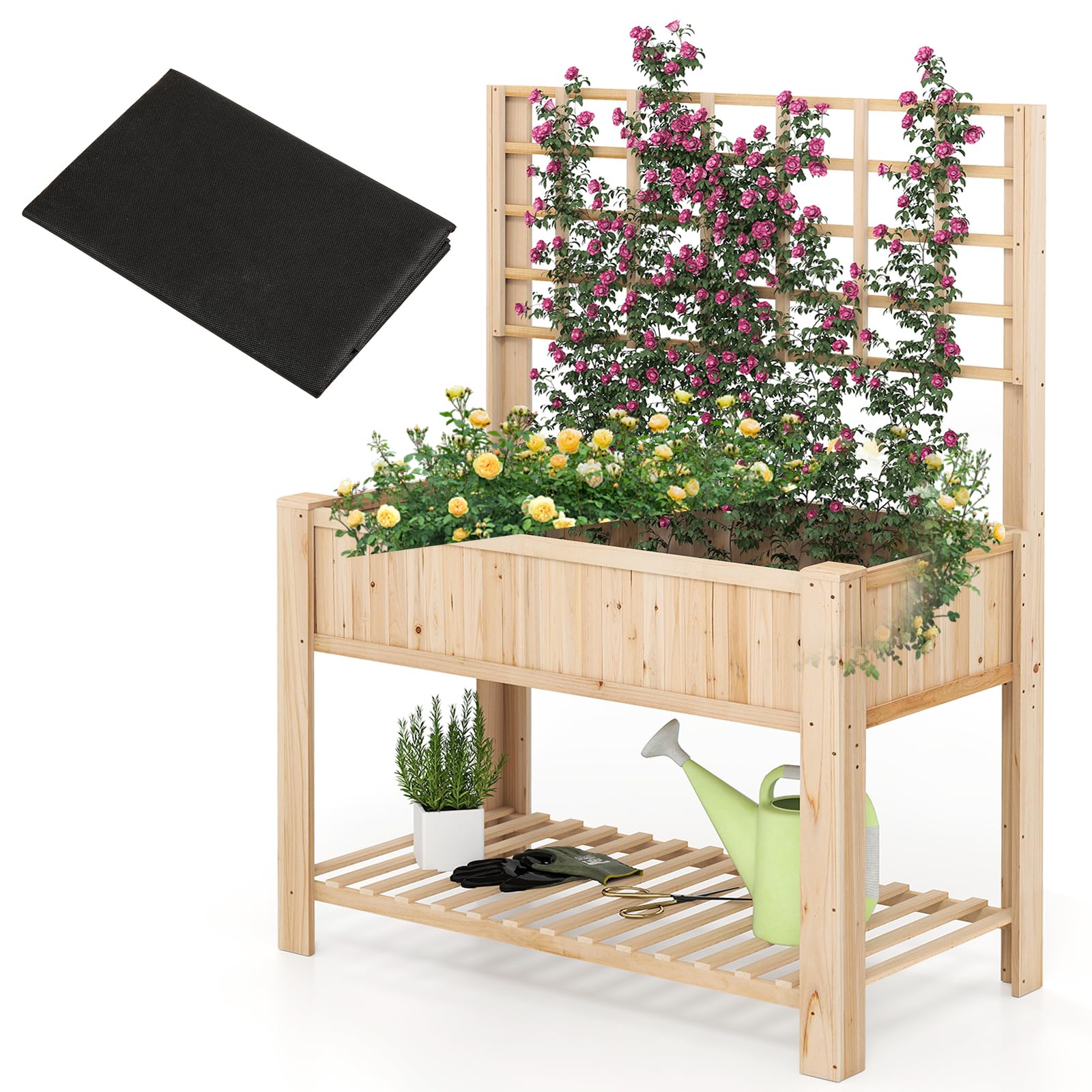 RELAX4LIFE Fioriera da Esterno, Orto Rialzato da Esterno in Legno di Abete con Grigliato e Ripiano, 4 Fori di Drenaggio, Vasi per Piante Rampicanti, Fiori e Orto, per Balcone, 116x59x150cm (Naturale)