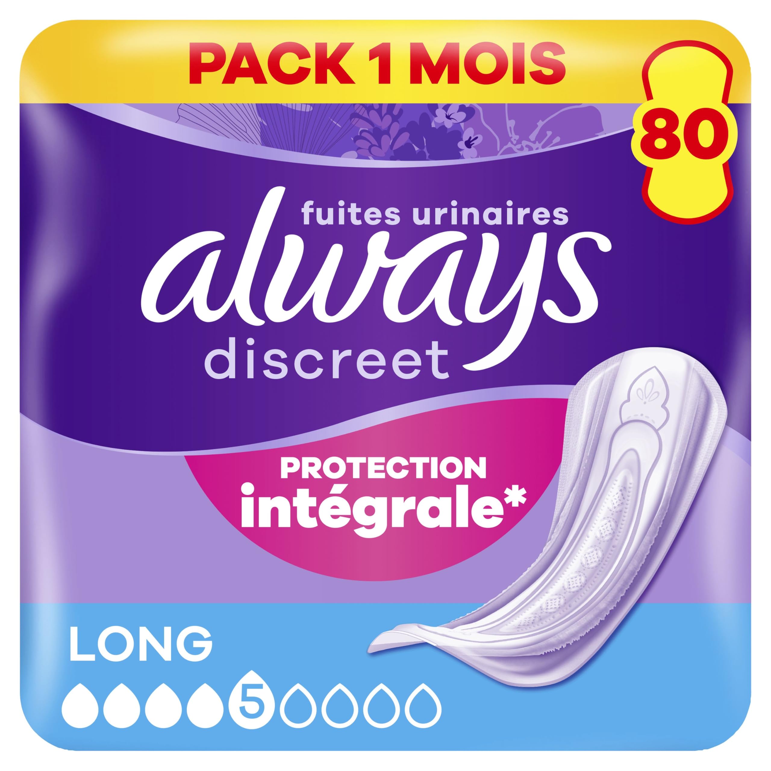 Always Discreet, 80 Serviettes Hygiéniques Incontinence Femme, Long 5 Gouttes, Protection Absorbante pour Fuites Urinaires Importantes, Pack 1 Mois