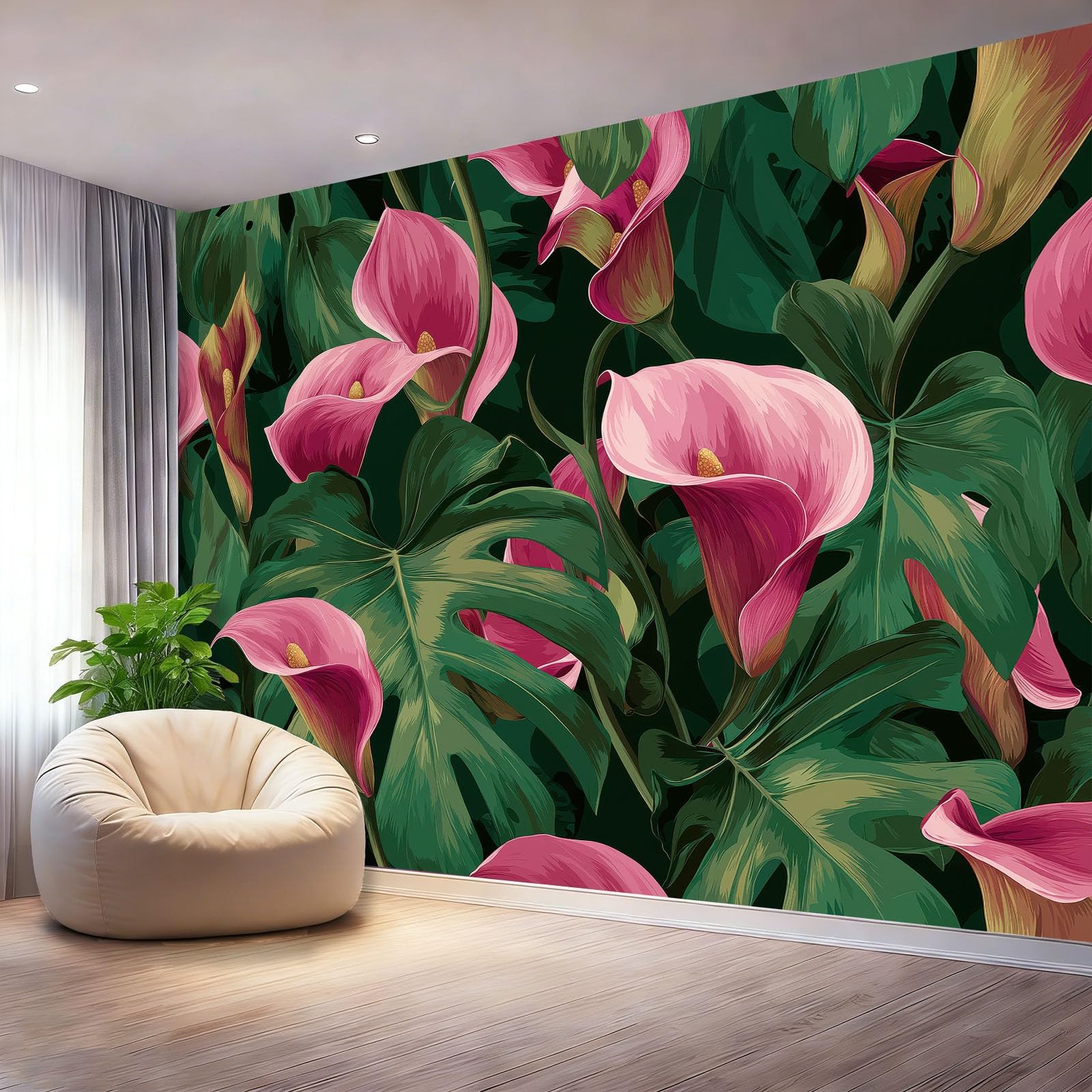 Fototapeta naturalna tropikalna Calla Liście Fotograficzne Mural Sypialnia Pokój dziecięcy, 400 x 280 cm Fototapeta artystyczna, zielona różowa