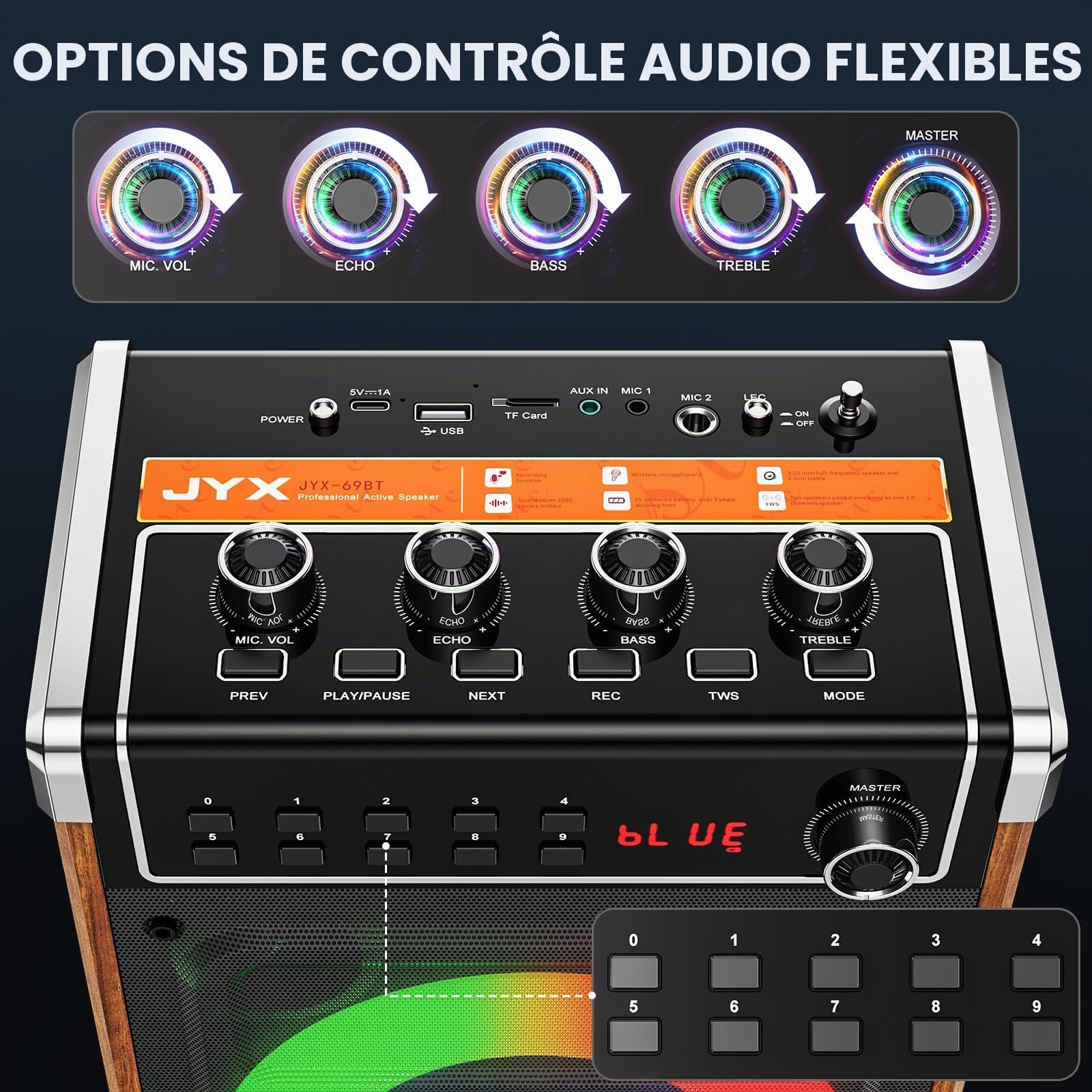 JYX Machine de Karaoké, Enceintes de Karaoké Professionnelles avec 2 Microphones sans Fil et Lumières de Fête DJ, Supporte Le Système de Karaoké Portable TWS/AUX/FM/USB/TF Card