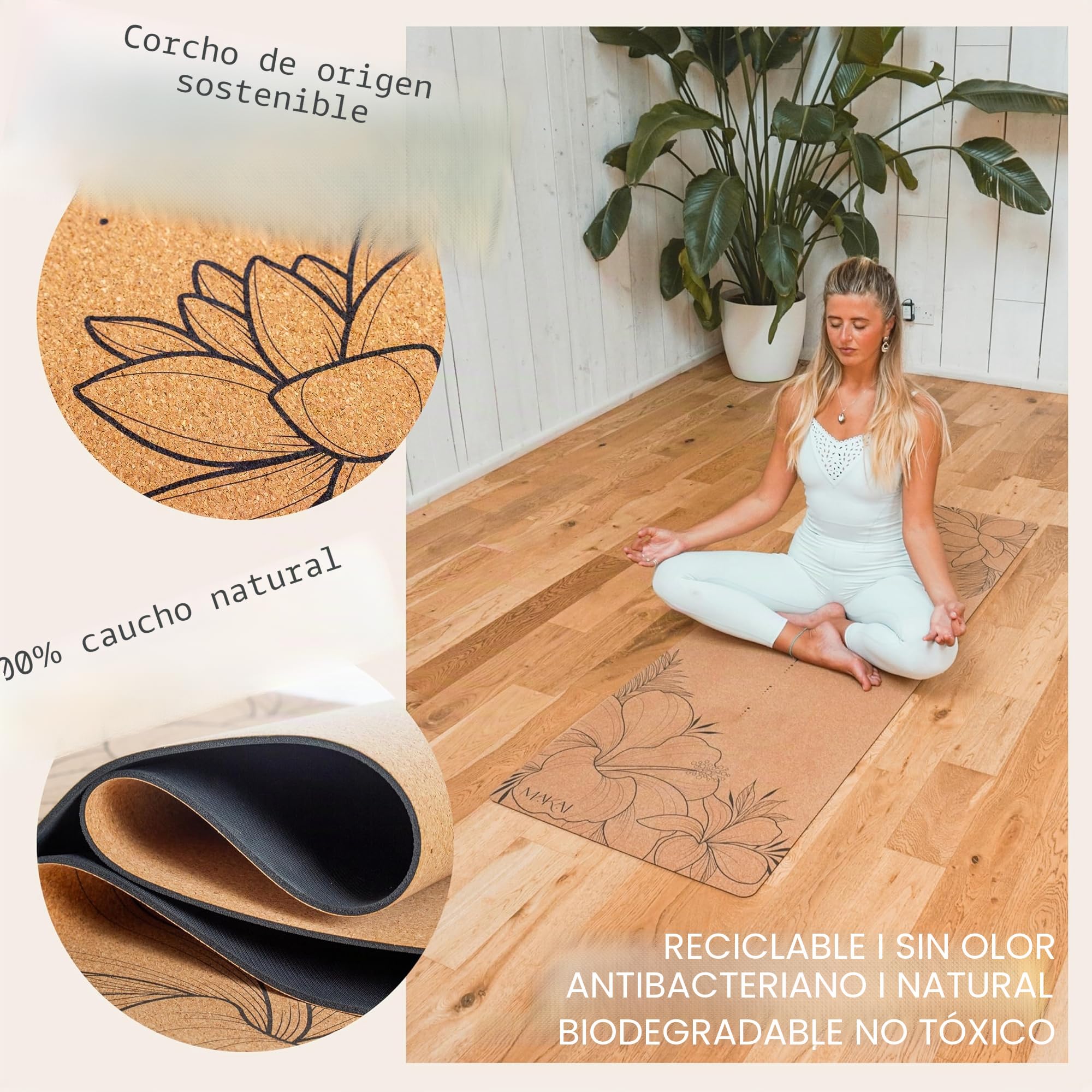 MAKAI Esterilla de yoga de corcho | Ecológica 100% corcho natural y goma | Esterilla antideslizante premium de 4 mm | Incluye correa de transporte de cáñamo | Esterilla de ejercicio y pilates para el