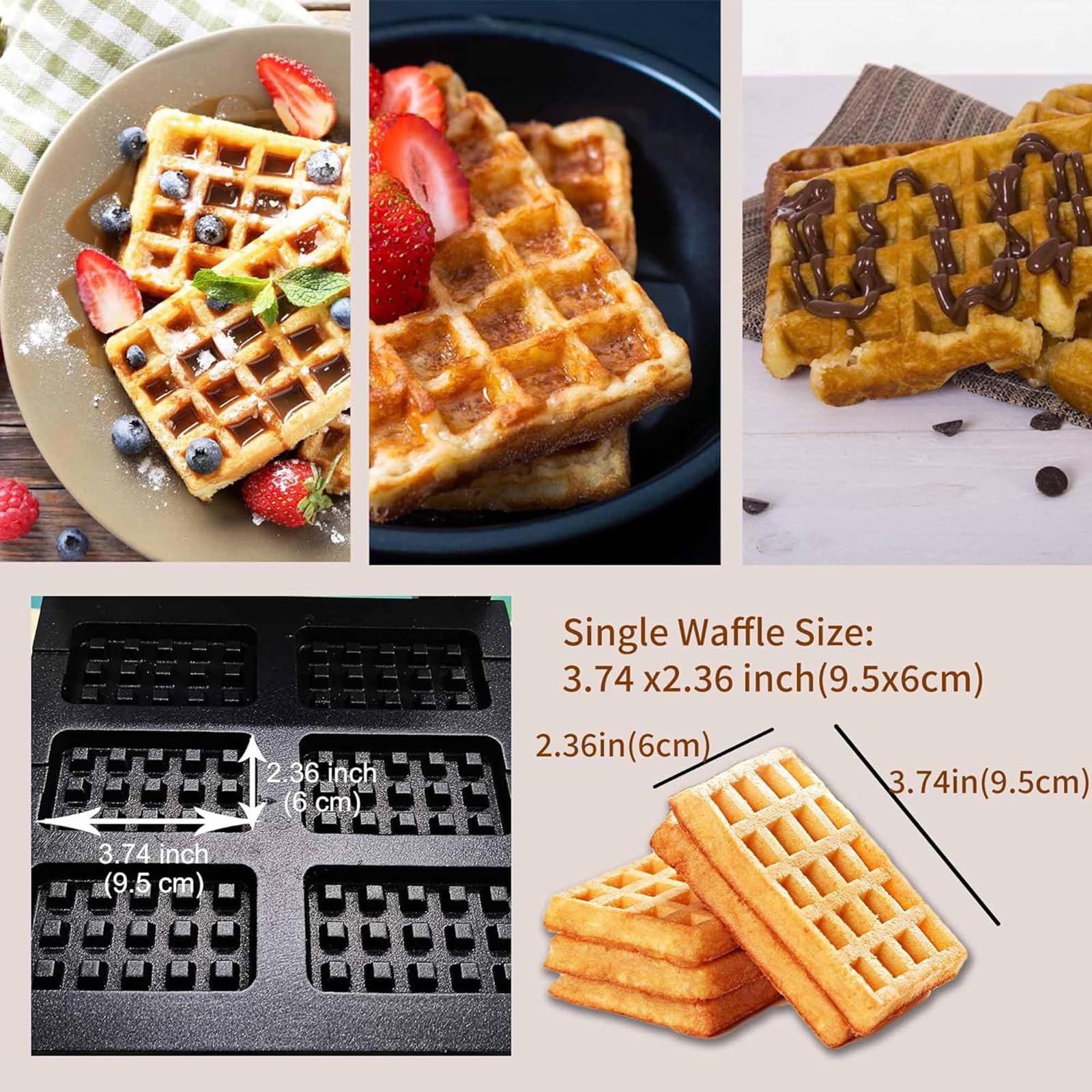 Máquina para Hacer Gofres Comercial, 1750 W 6 Piezas Gofres Belgas Antiadherente con Control De Temperatura y Tiempo, Eléctrica Waffle Maker para Restaurante,Hotel,Fiesta,Cafeterías