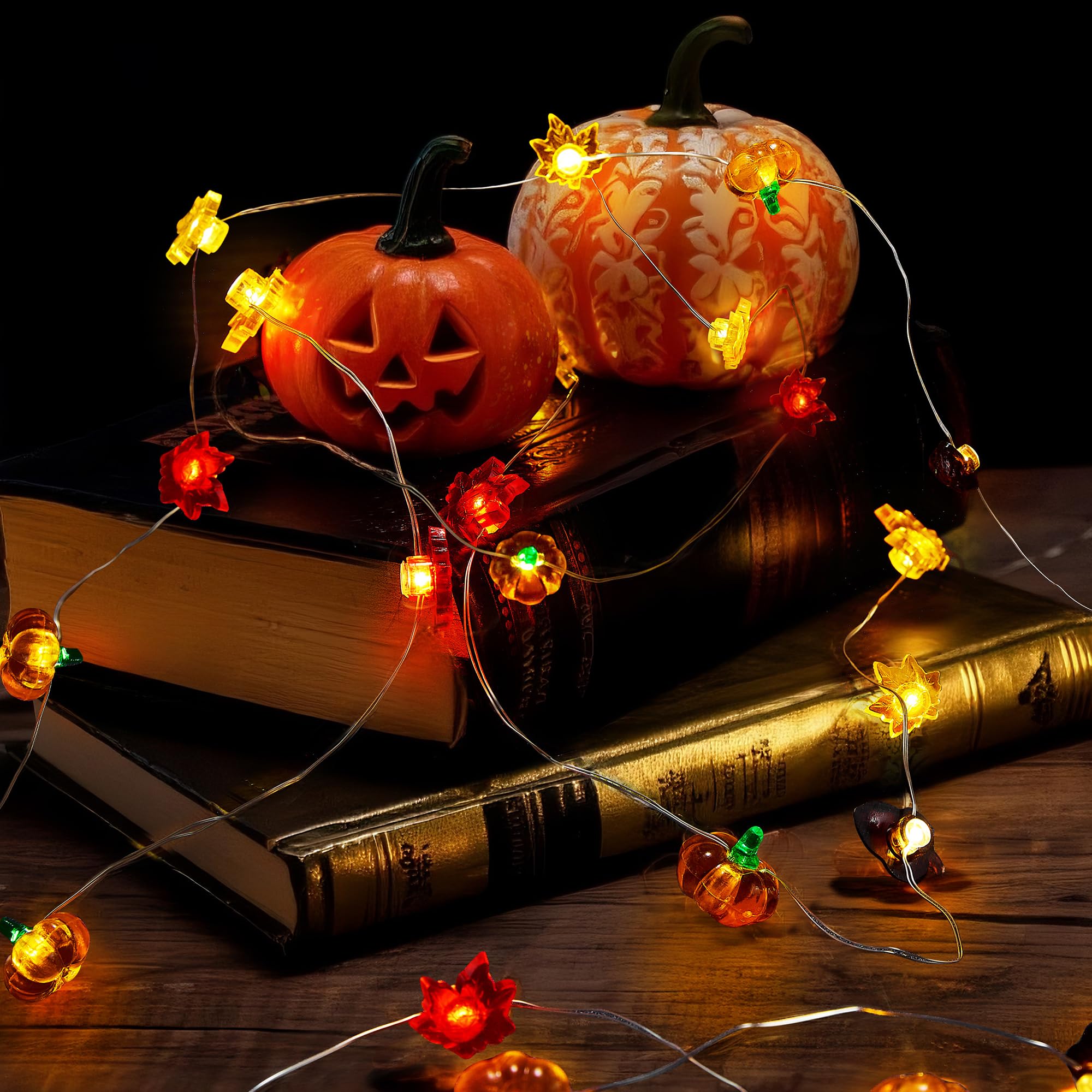 BlcTec Herbstdekorationen für Zuhause, 40 LEDs, Herbstlichterkette mit , 3D-Kürbisse und Ahornblättern, batteriebetriebene Lichterkette mit Timer für drinnen und draußen, Halloween
