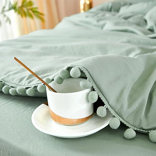 Miniatura 5 de Litanika Juego de edredón tamaño Queen, color verde salvia, edredón de 7 piezas con flecos de pompones, juego de cama bohemio estético con edredón,