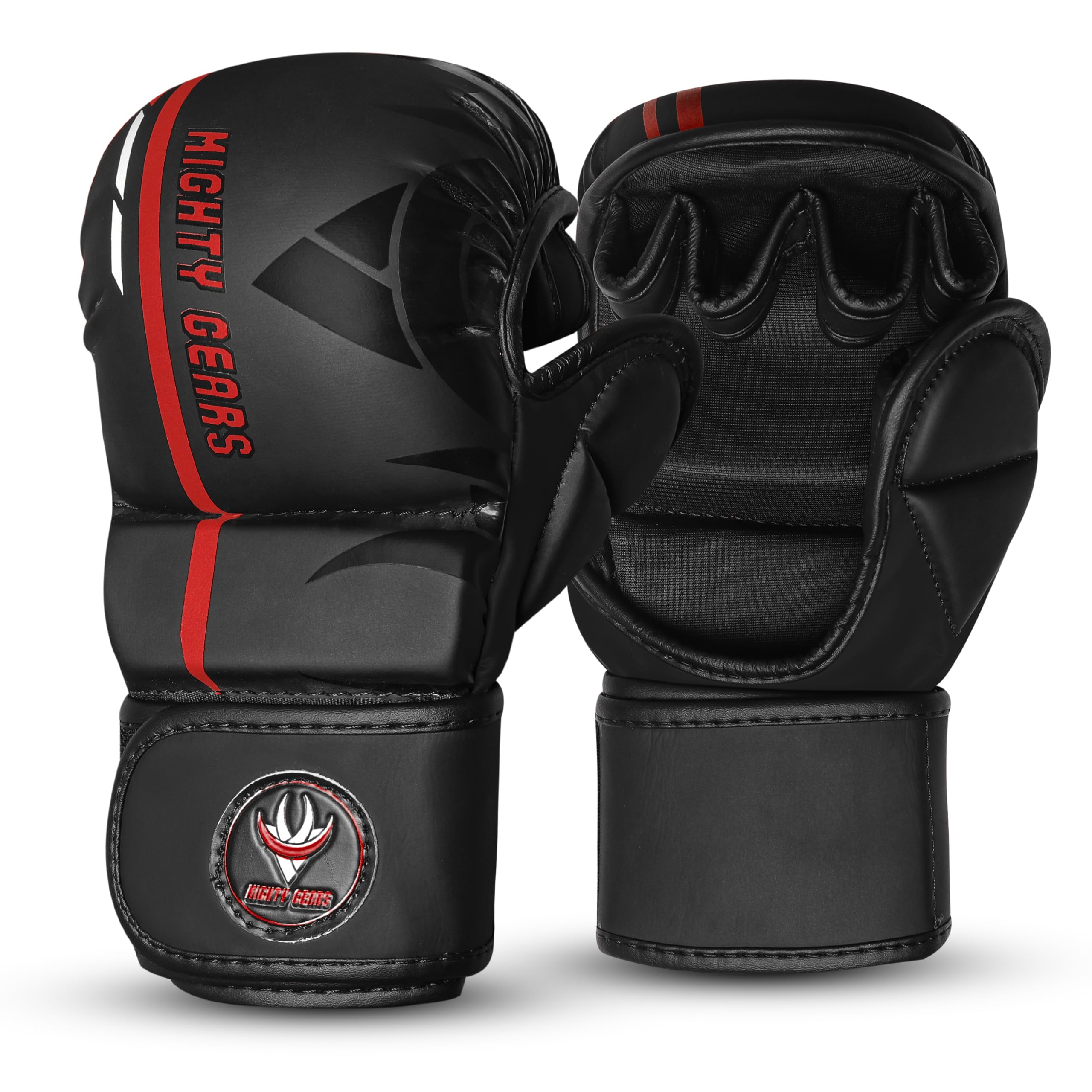 Mighty Gears MMA Gloves for Sparring & Grappling, Open Palm Shooter Design, Enhanced Wrist Support, Shock-Absorbing Padding, Lightweight & Durable for Training, Kickboxing, Muay Thai (Red, M)