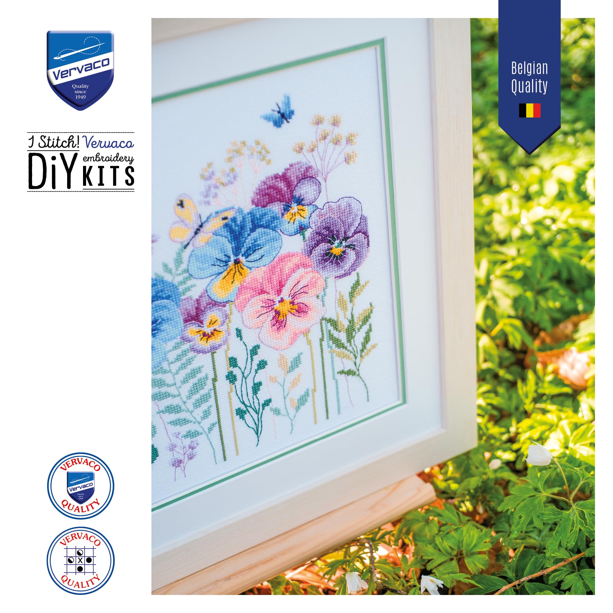 Vervaco Kit Punto Croce Contato VIOLE DEL PENSIERO ED ERBE Decorativi Per Pareti ca. 29 x 28 cm Set Fai Da Te Creativo Adulti Casa Decor Arte Da Parete Kit Per Hobby Cross Stitch