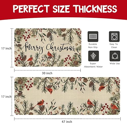 Miniatura 3 de Faptoena Juego de 2 alfombras y tapetes de cocina con diseño de Feliz Navidad, conos de pino cardenal, pájaros rojos, bayas, vacaciones de invierno
