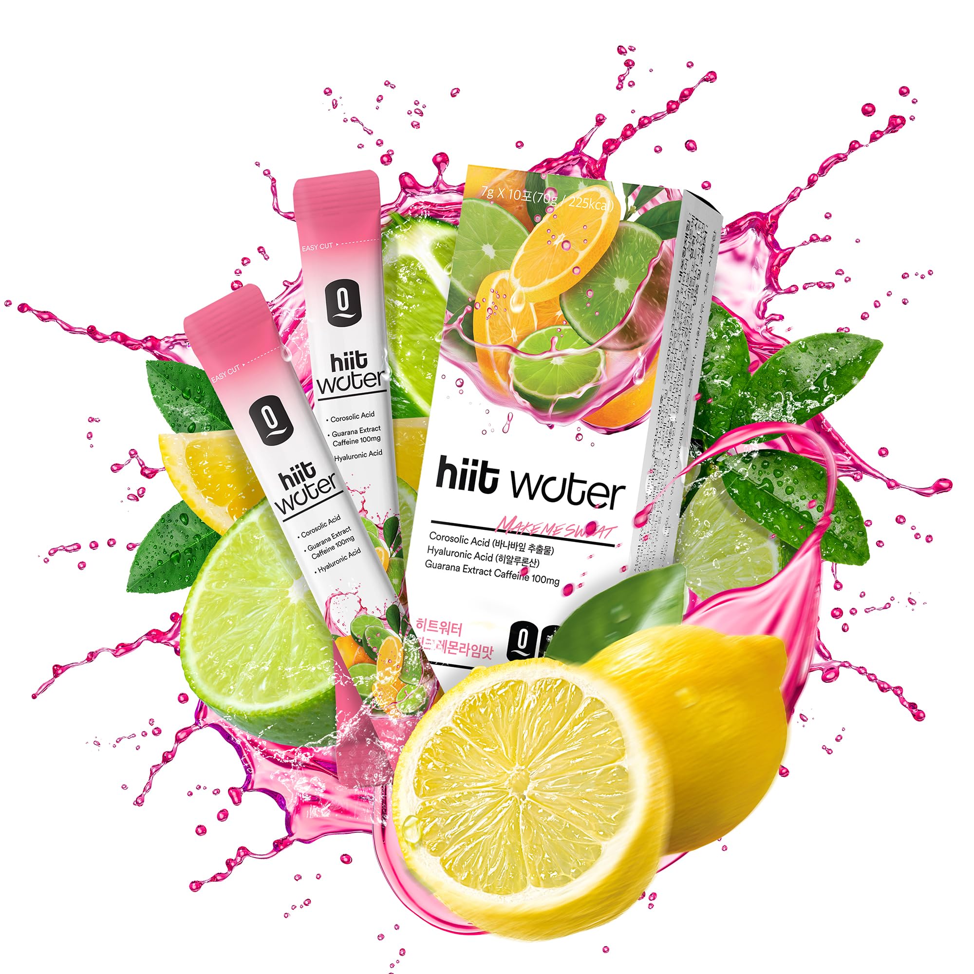 HIITWATER Pink Lemon Energy Sticks, Energy Drink Powder, Boot Burn Formula with Korean Red Ginseng, Guarana, Taurine, On-The-Go Clean Energy Mix, Zero Sugar, Low Calorie, 10 Pack