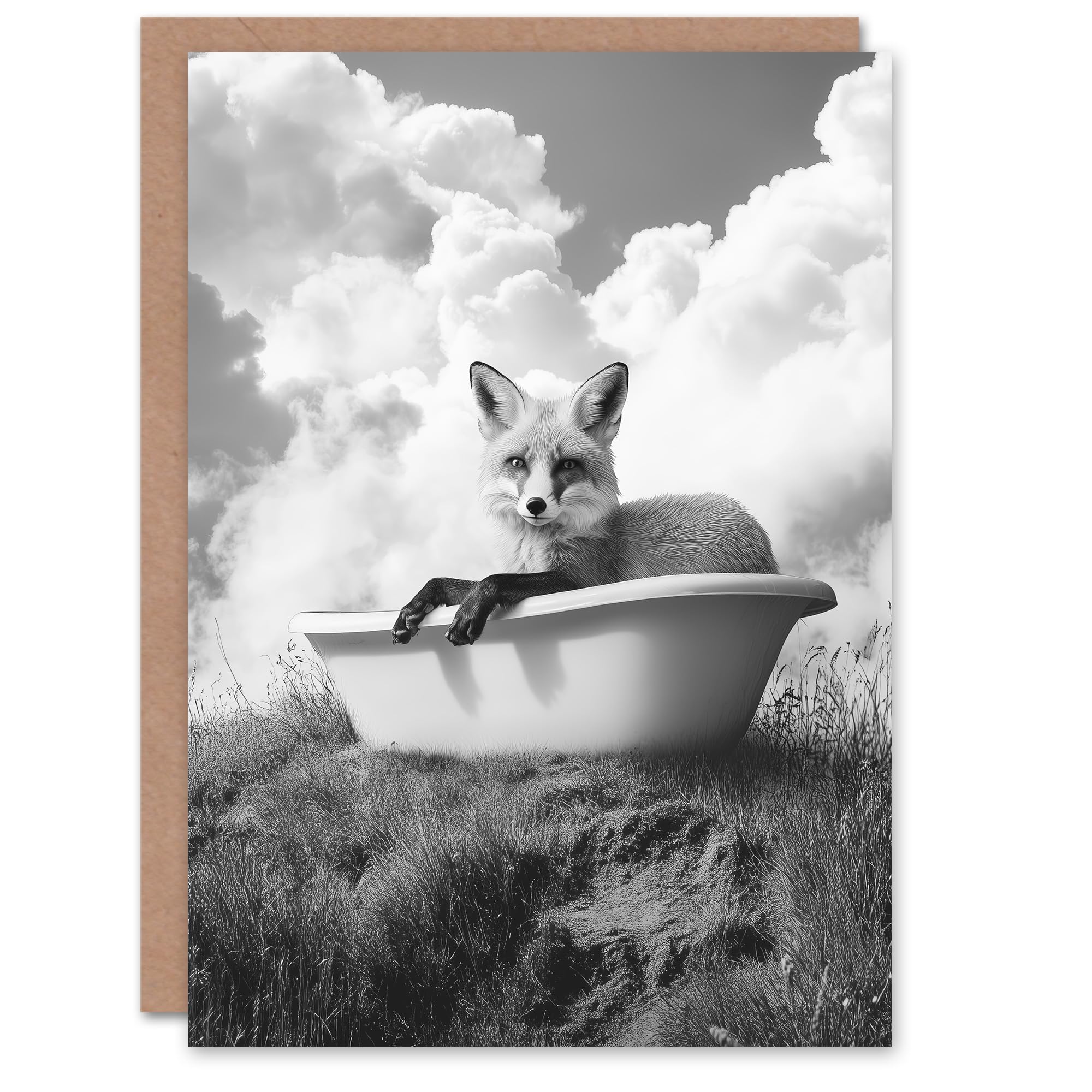 Artery8 Greeting Card Fox in Bathtub in a Field Black White Surreal Blank For Him Or Her Art Birthday Card