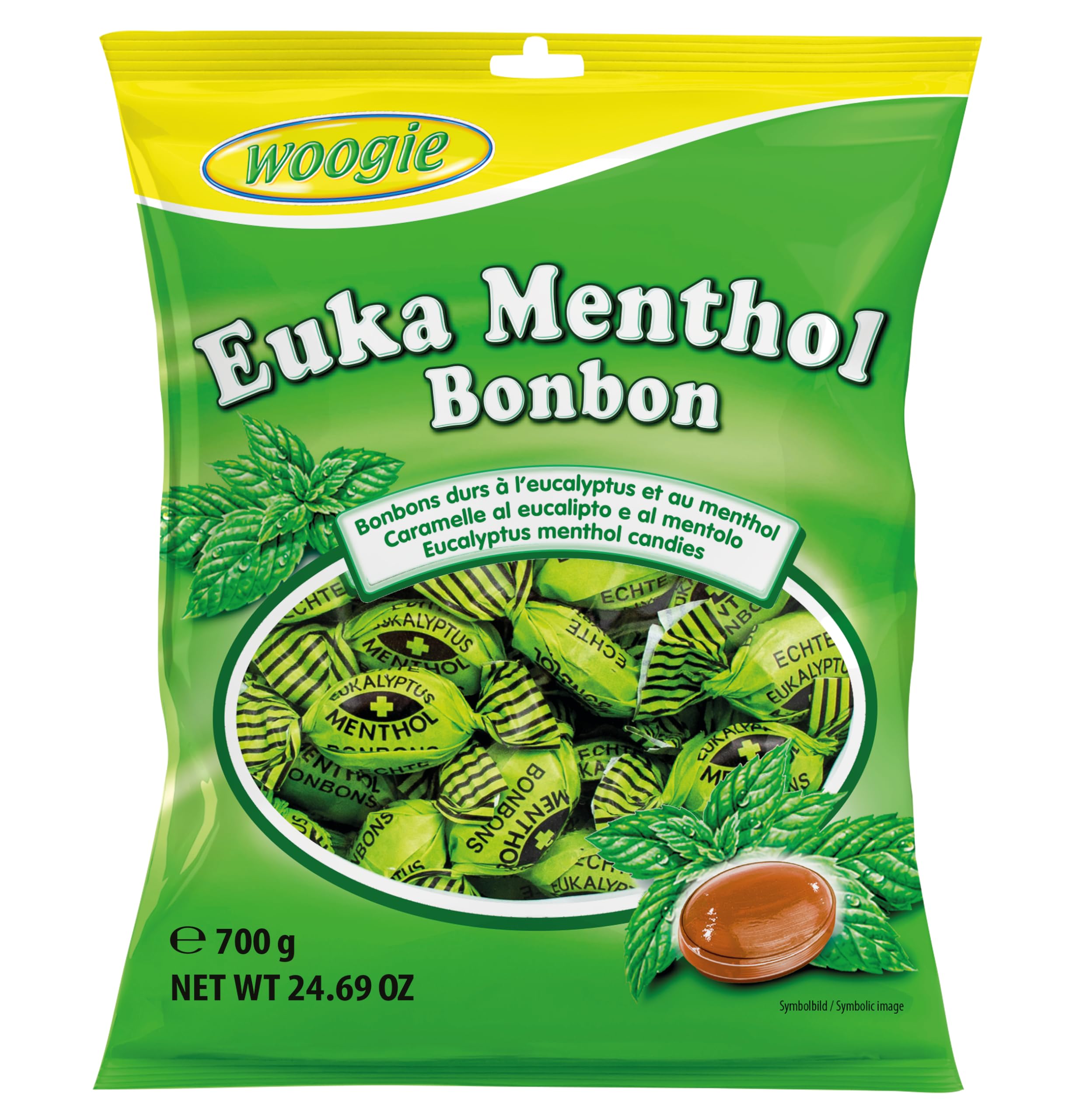 Pastilles Woogie Eucalyptus Menthol 700 g Bonbons durs à l'eucalyptus et au menthol Apaisent la gorge et les voies respiratoires Fraîcheur intense en cas de rhume et de toux Grand format