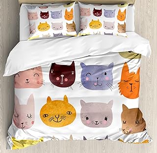 Ambesonne Cat Duvet Cover Set, Watercolor Effect Cat Heads in Colorful Humor Fun Purring Meow Animal Kids, Decorative 3 Piece Bedding Set with 2 Pillow Shams, King Size, White Pink