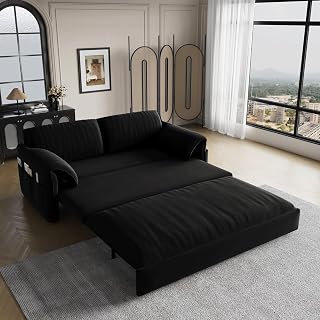 Winterstorm 62" Queen Pull Out Futon Sofa Bed with USB Ports, 3-in-1 Modern Convertible Sleeper Sofa with Side Pocket, Comfy Velvet Loveseat Couch for Living Room Bedroom Apartment (Queen, Black)