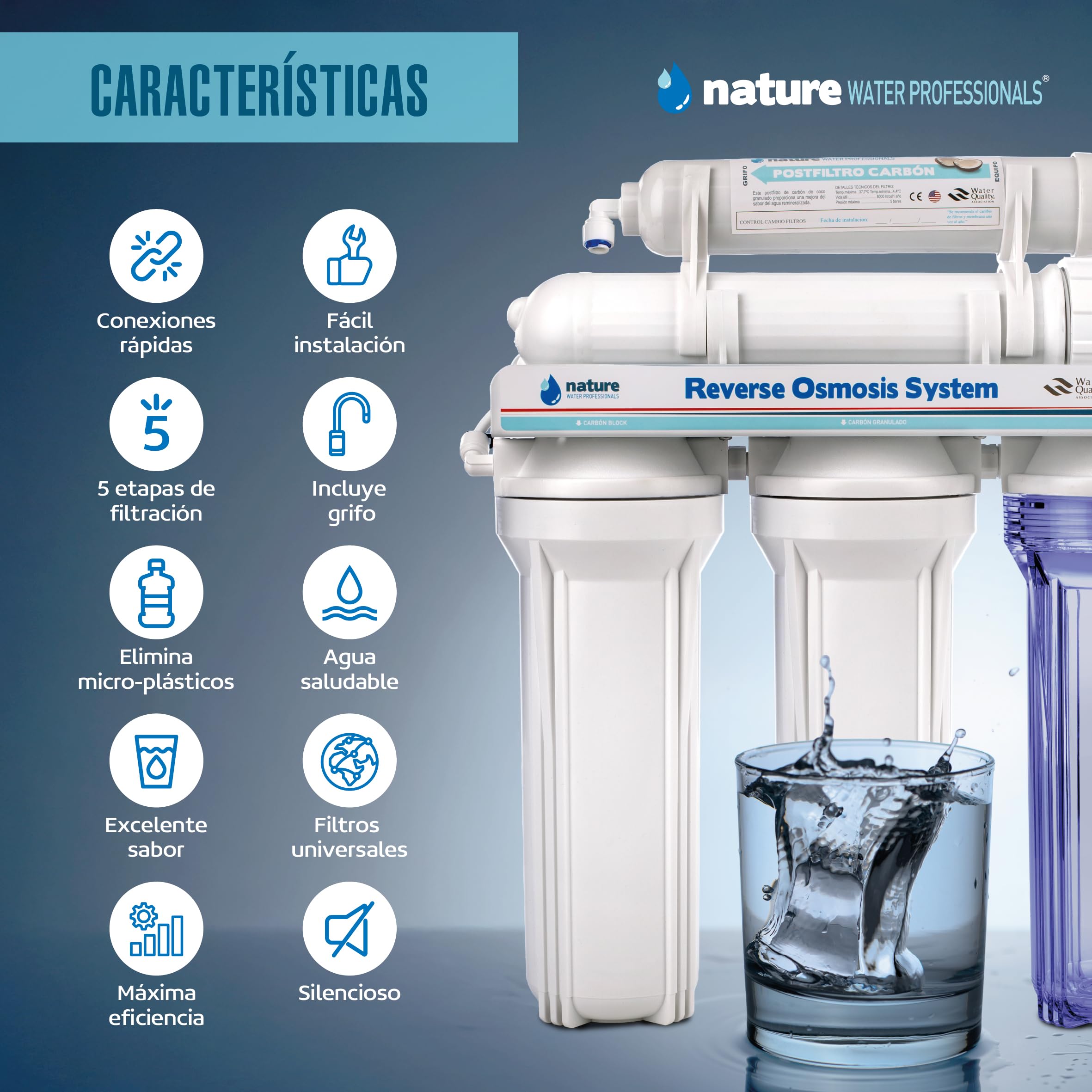 NATURE WATER PROFESSIONALS Equipo de Osmosis Inversa Doméstico, 5 Etapas, Grifo Acero Inoxidable, Depósito 6 Litros, Membrana 75GPD, Filtros, Accesorios