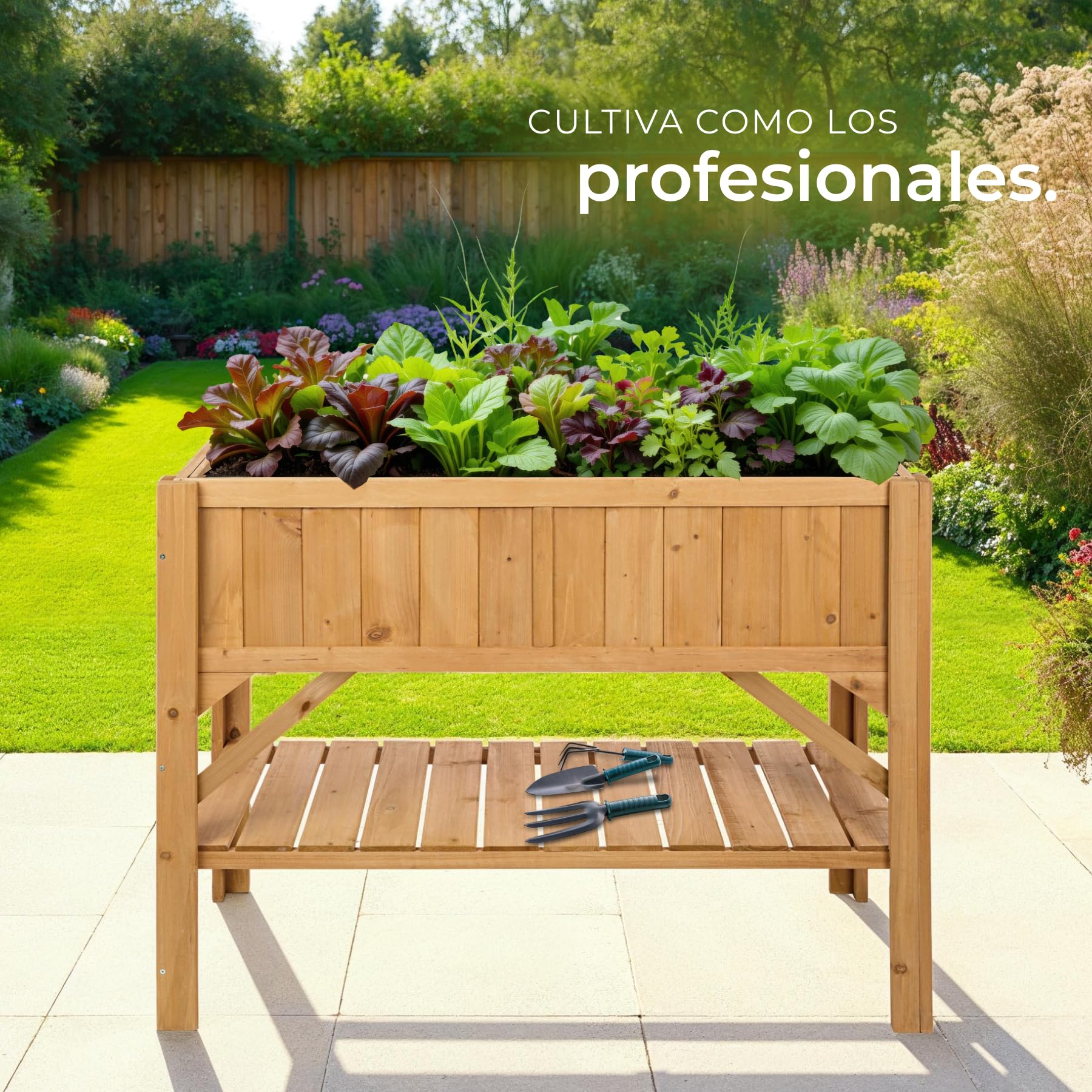 tectake® Jardinera Exterior de Madera, Cama Elevada con Inserto Protector, Jardinera con Lámina de Protección y Estantería, Resistente a Viento e Intemperie, Ideal Huerto Urbano, Macetero,119x57x90cm
