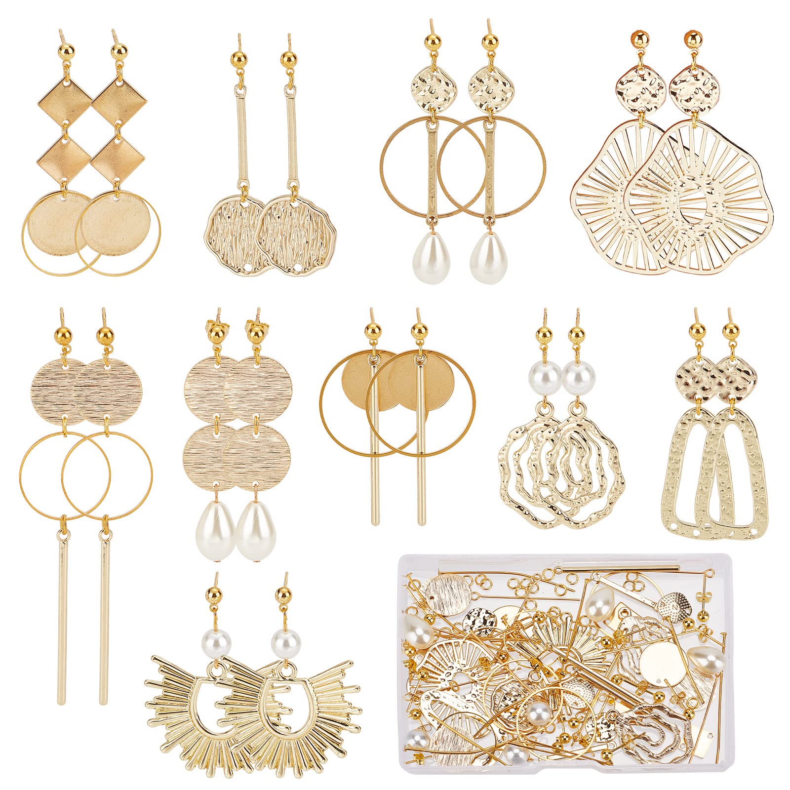 SUNNYCLUE 1 Box DIY 10 Pairs Flat Round Charms Geometry Earring Making Starter Kit Stamping Blanks Round Linking Charm Circle Links Stainless Steel Charm Imitation Pearl Beads for Jewelry Making Kits