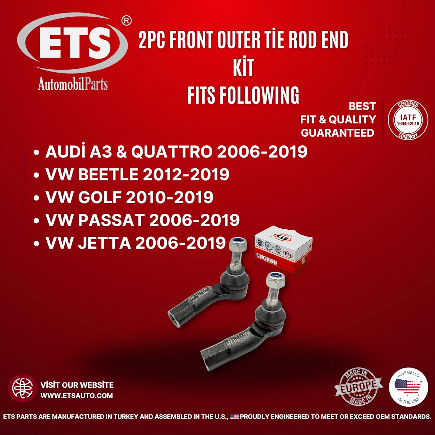 ETS 2Pc Front Outer Tie Rod End Kit ES80667, ES80666 Fits Volkswagen Passat 06-22 / Audi A3 & Quattro 2006-2019