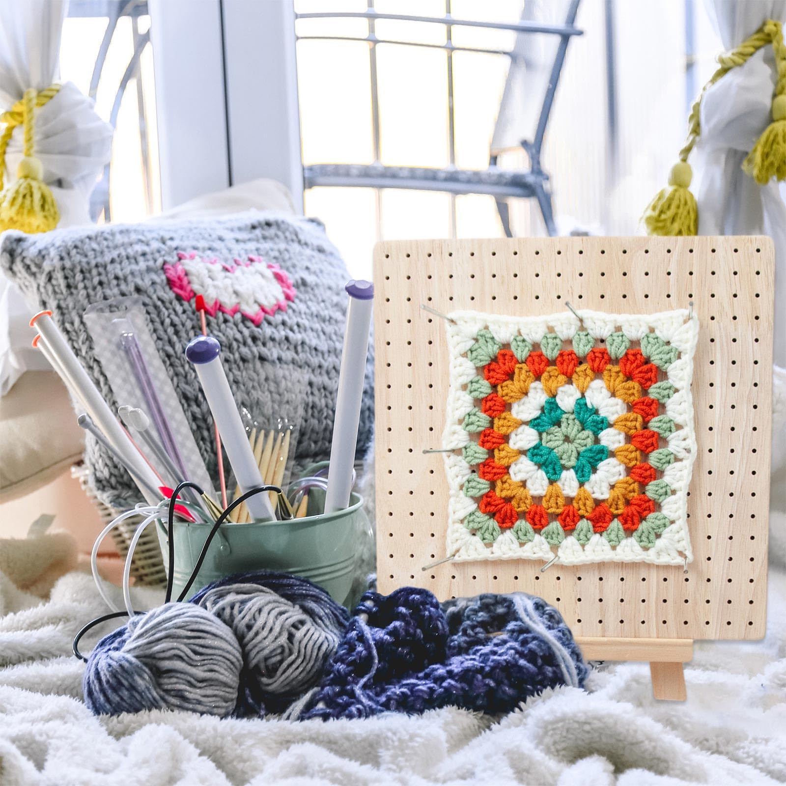 Granny Quadratisches Blockbrett für Nähnadeln, Häkeln, Stricknadeln, Projektstabzubehör, Holz, handgefertigte Wäscheklammern mit Edelstahlstabnadel