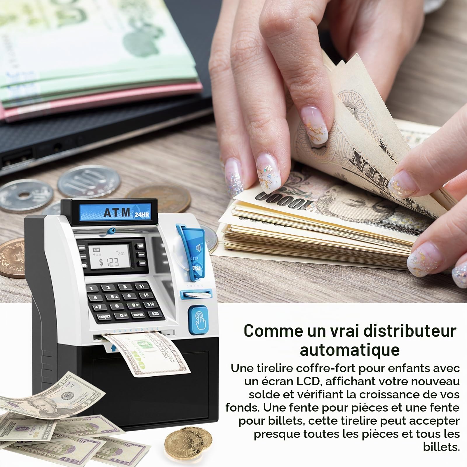 Banque D'épargne ATM électronique, Tirelire électronique avec Automatique Argent Faire Défiler Mini ATM Coffre-Fort avec Carte de Débit Invite Vocale de Connexion de Mot de Passe