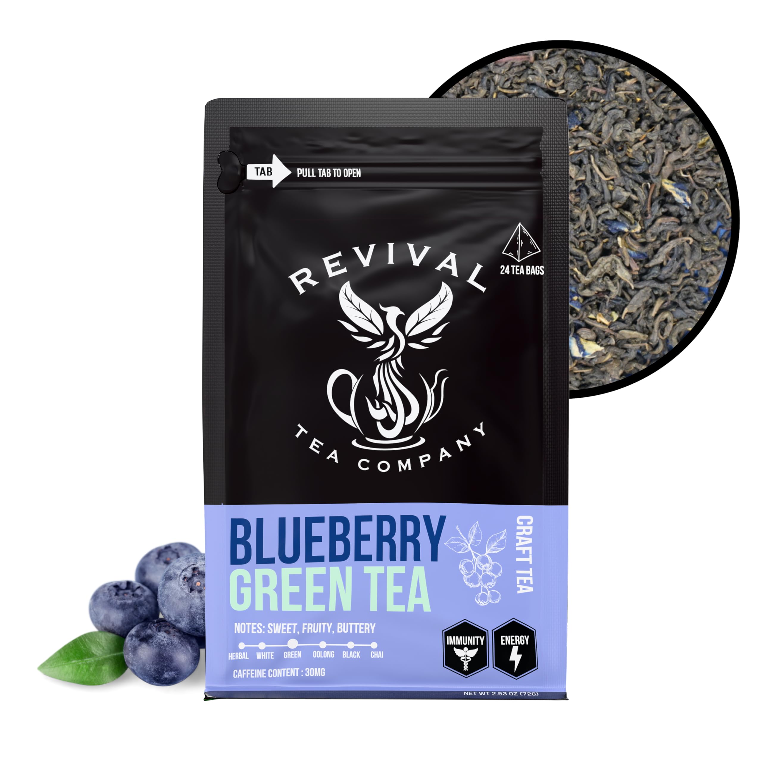 REVIVAL TEA COMPANYBlueberry Green Tea - Green Tea Blend with Natural Blueberry Flavor - 24 Tea Bags