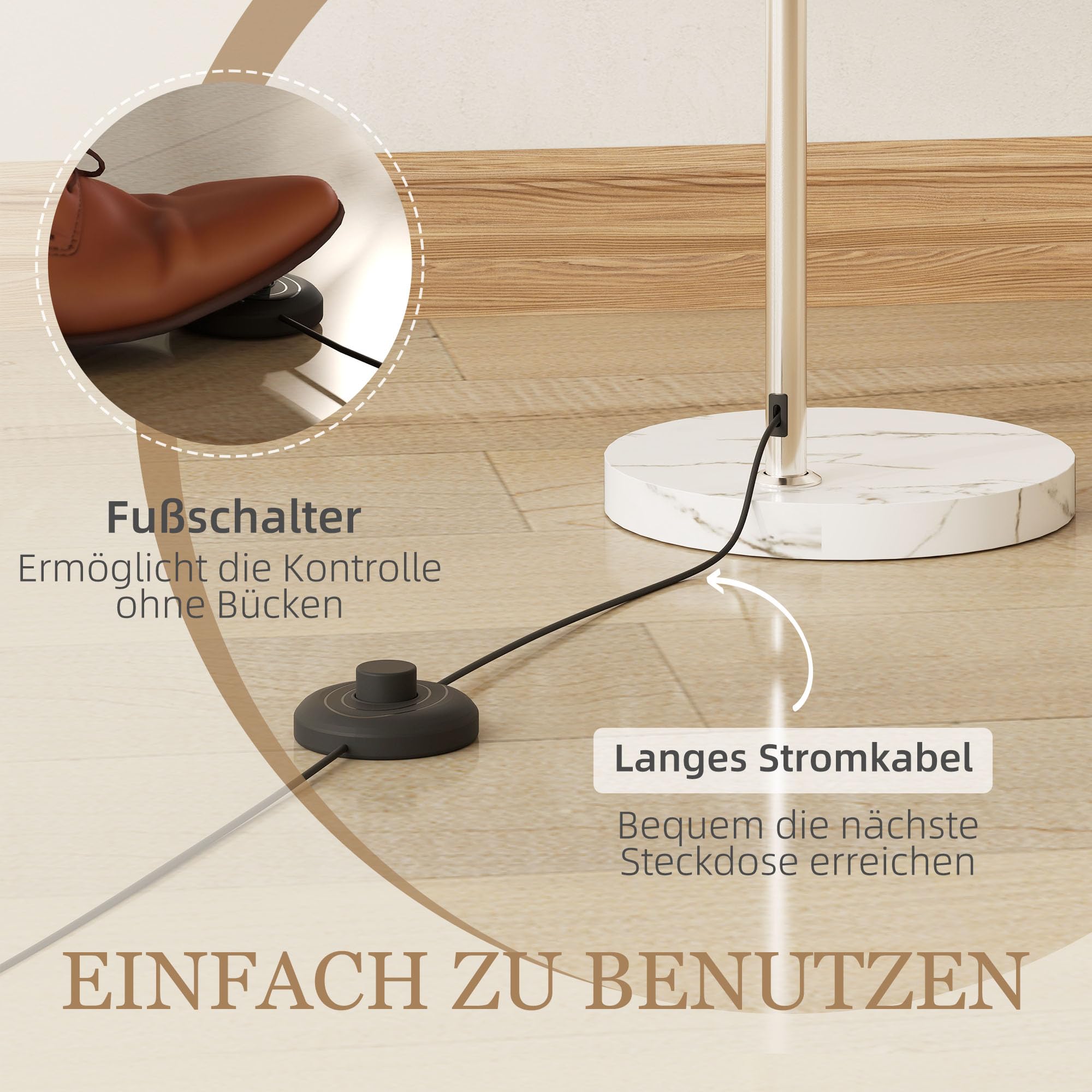 HOMCOM Stehlampe Wohnzimmer im Bogen Design mit Marmorsockel Stehleuchte mit Lampenschirm Fußschalter E27 Fassung, für Schlafzimmer Büro, exkl. Glühbirne