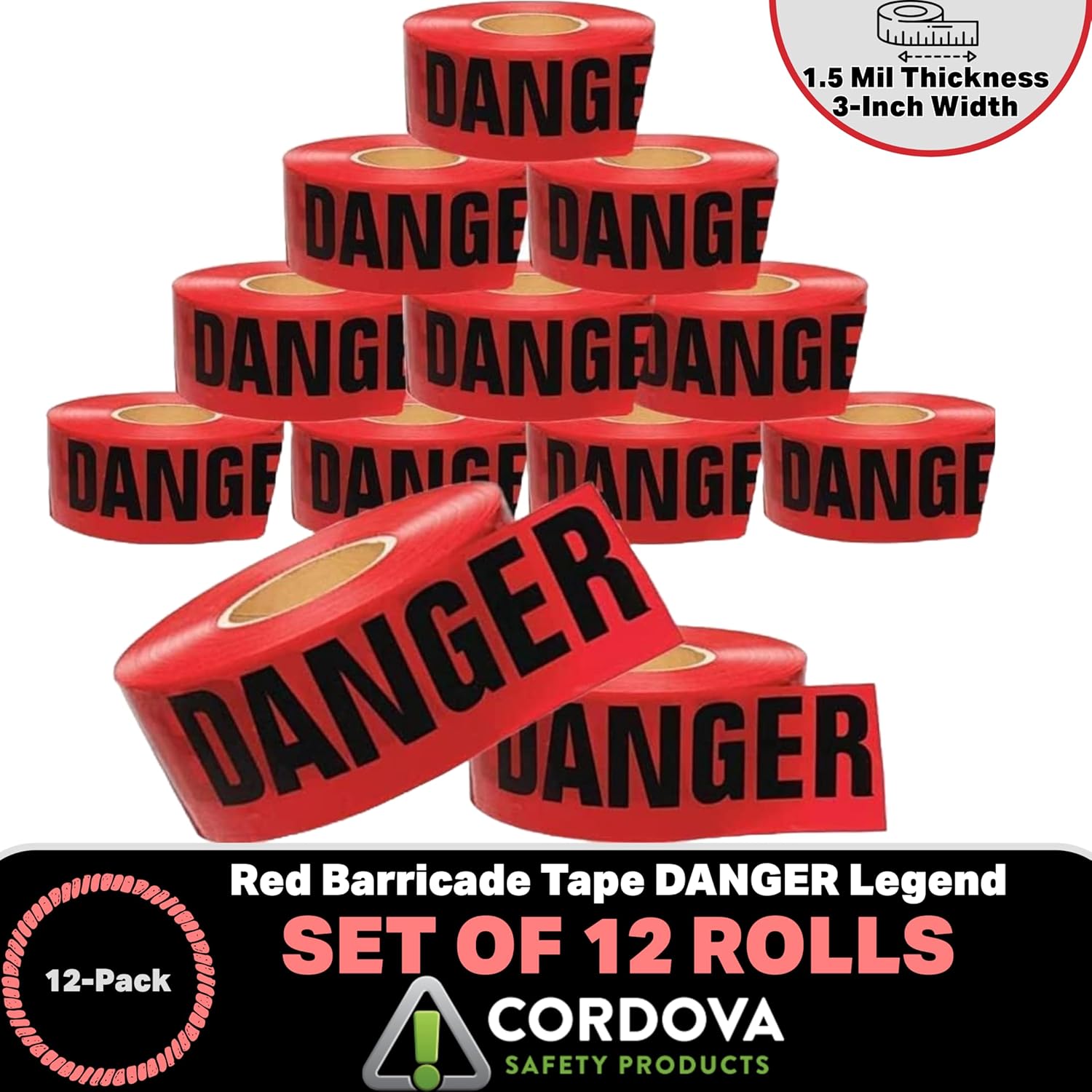 Cordova Safety Products - T15211 Pro Pack Danger Barricade Tape - Set of 12 Rolls - Each Roll Measures 3" x 1000' - Red, 3"/1000' Red