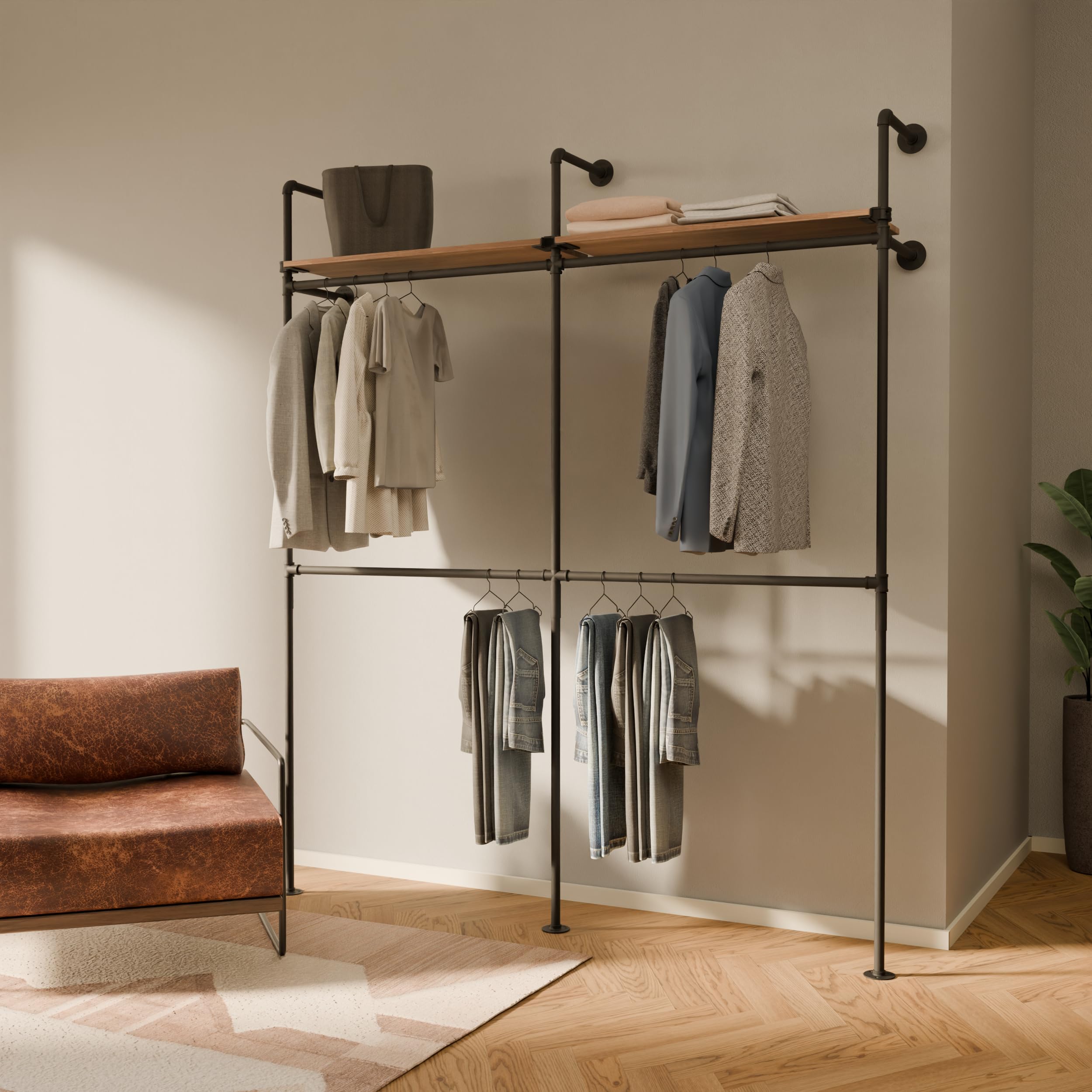 pamo appendiabiti da muro 320 kg capacità di carico – Armadio aperto o barra appendiabiti industriale nero con tubi in metallo – Ripiani in Roble massiccio