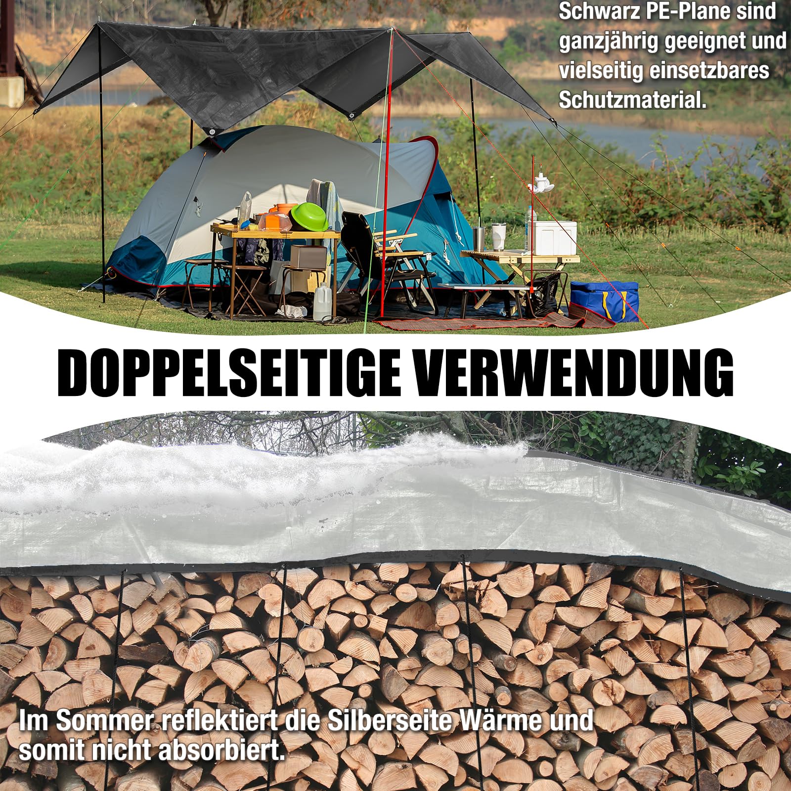 Wellmall-hula Afdekzeil, zwart, met ingestanste ringen, 260 g/m², tent, waterdicht, vrachtwagen, beschermzeil, multifunctioneel, scheurvast, uv- afdekfolie voor tuinmeubelen, trampoline, dak, auto