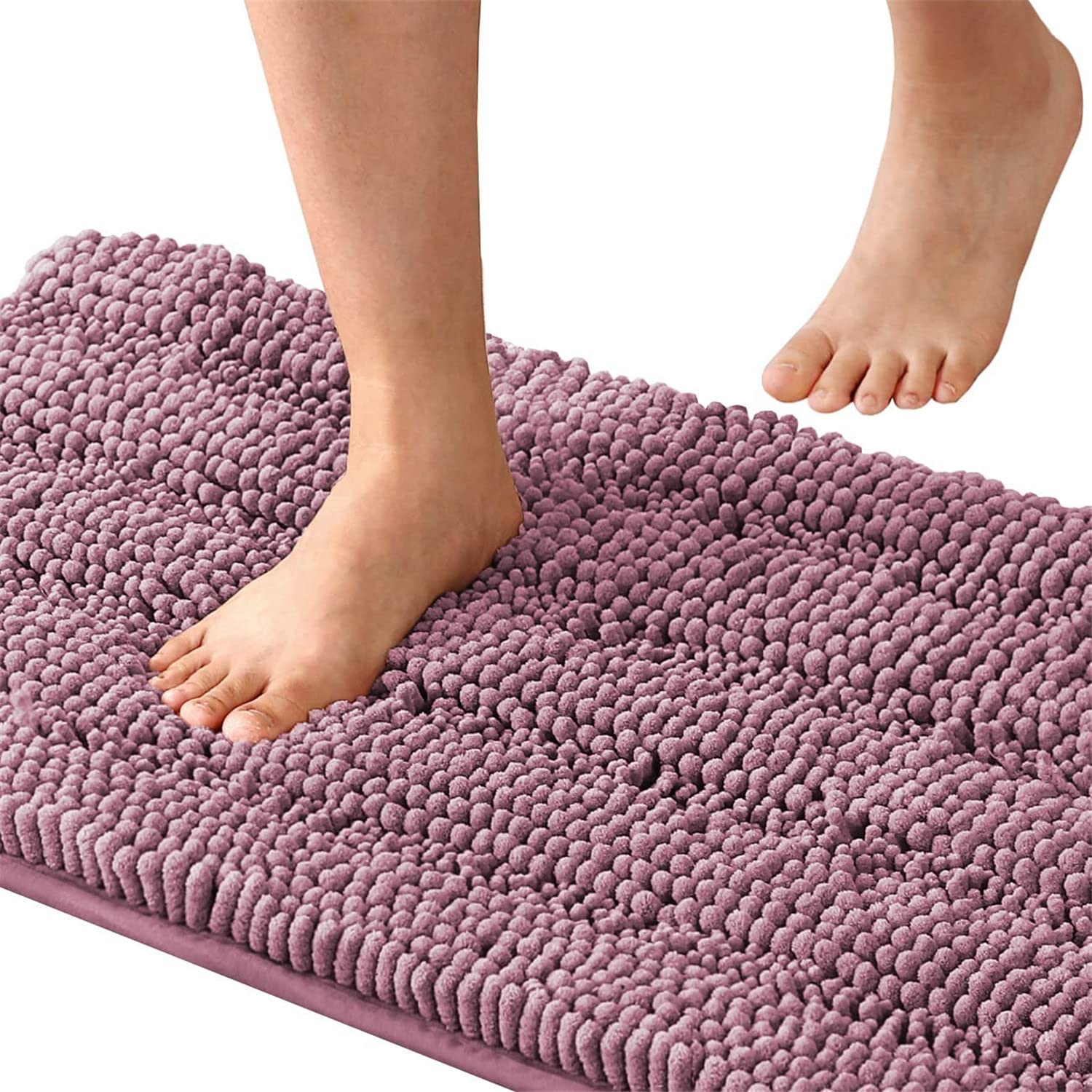 Tapis de bain antidérapant en chenille à poils longs pour chambre à coucher et salle de bain (mauve 120 x 43 cm) - Séchage rapide - Lavable en machine