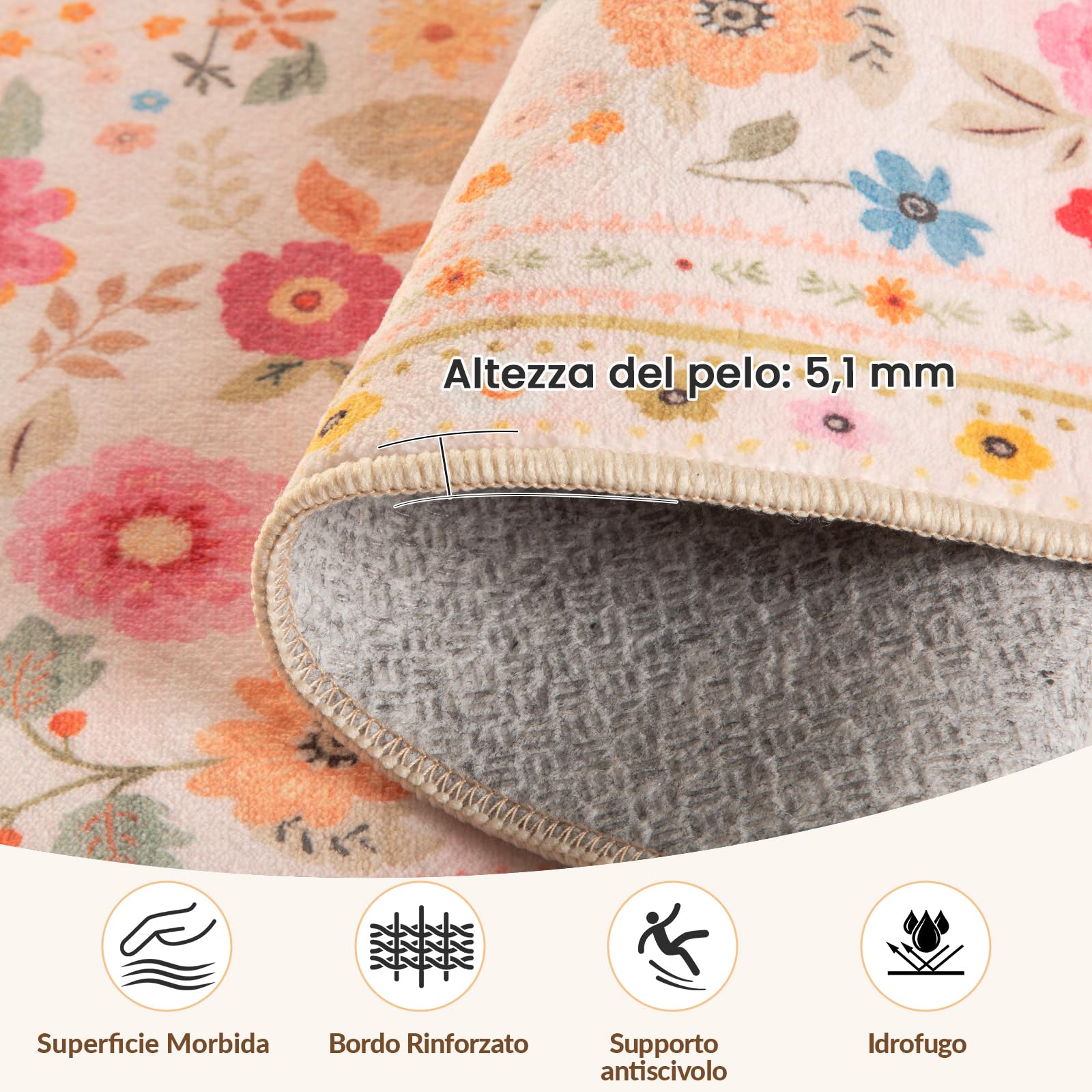 INOVADAY Tappeto Lavabile 90x150 cm Rosa/Beige Tappeto da Soggiorno | Camera da Letto, Cucina, Bagno, Sala da Pranzo, Pelo Corto, Antiscivolo, Stampa Floreale, Boho, Morbido, Facile da Pulire