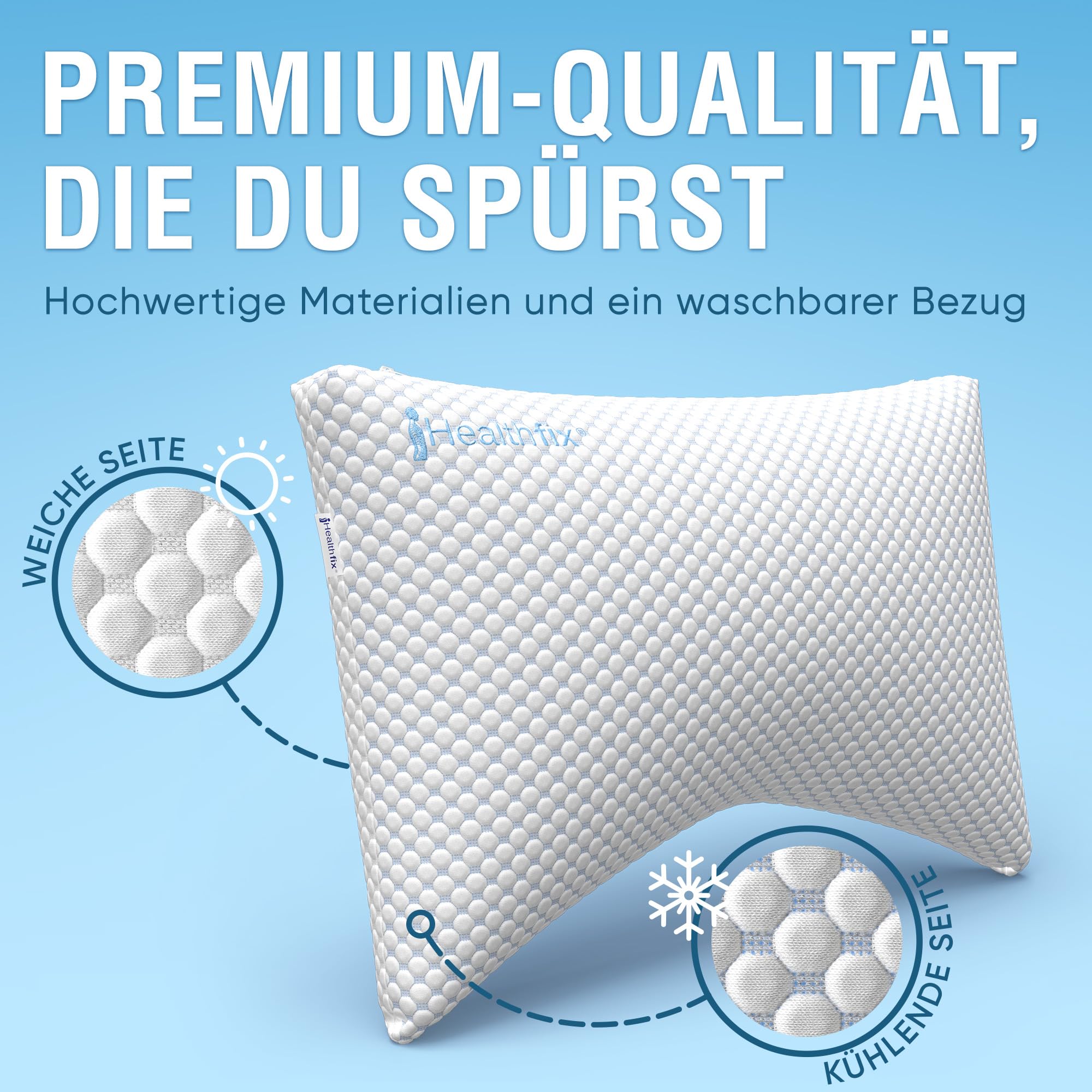 Healthfix DreamFix, cuscino ortopedico, 65 x 44 cm, cuscino cervicale regolabile per dormire, schiena e addome, rivestimento rinfrescante, memory foam