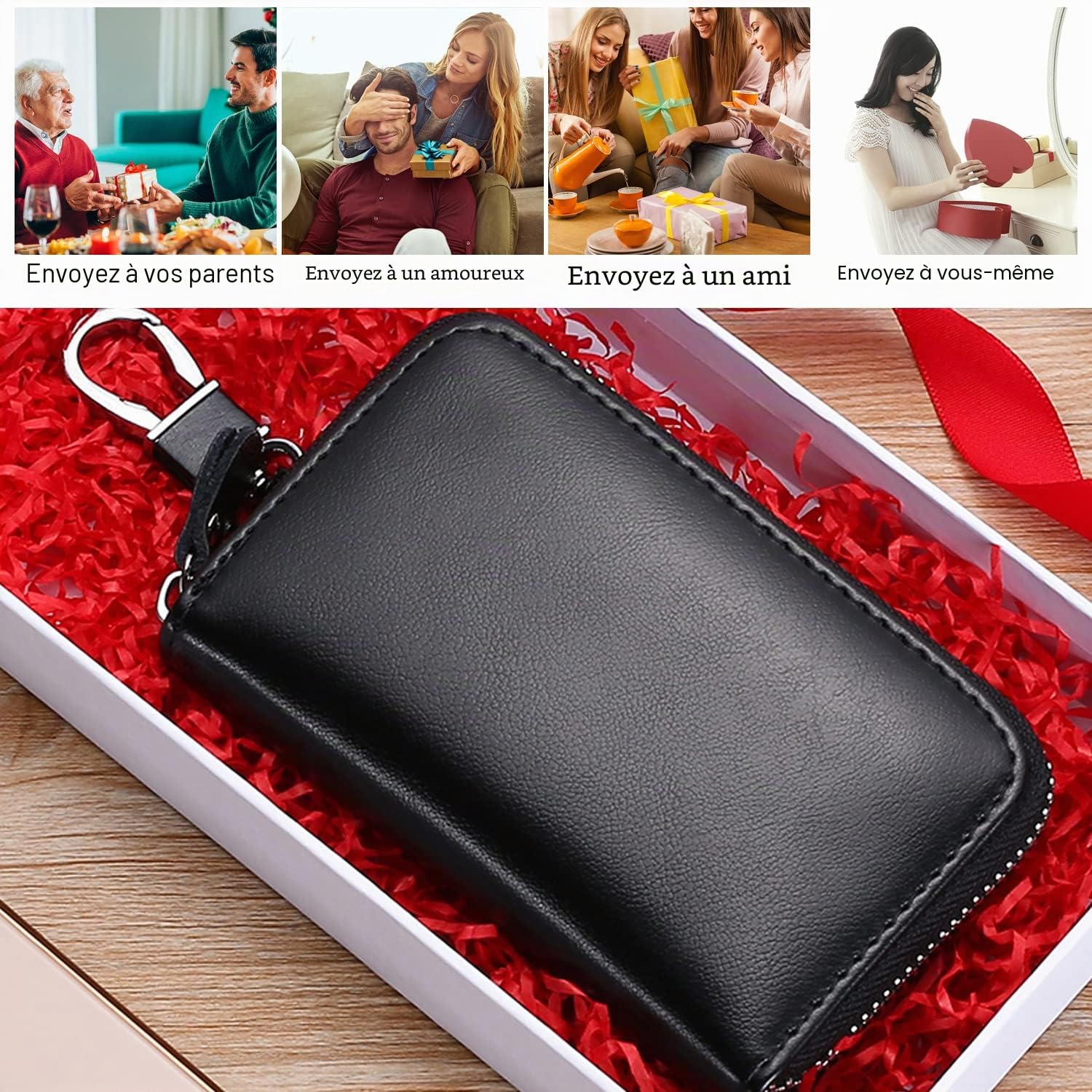 1 pièce de porte-clés de voiture en cuir de vache, portefeuille à fermeture éclair de grande capacité avec crochet, porte-clés de style classique pour cartes bancaires, clés (noir), Noir , 50